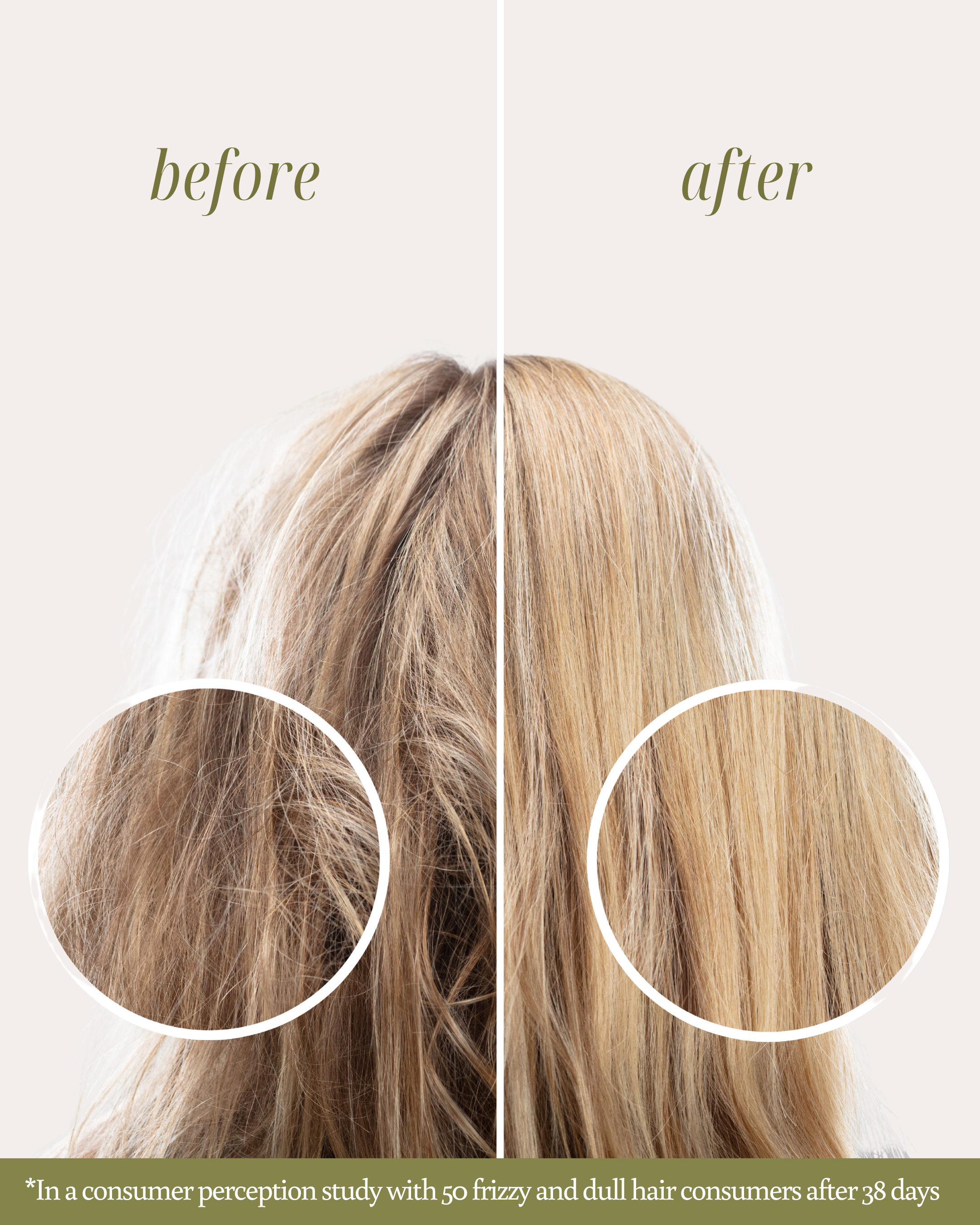 Before and after comparison of frizzy and dull hair to smoother, healthier hair after using Breeze Hair Elixir with text indicating consumer perception study.