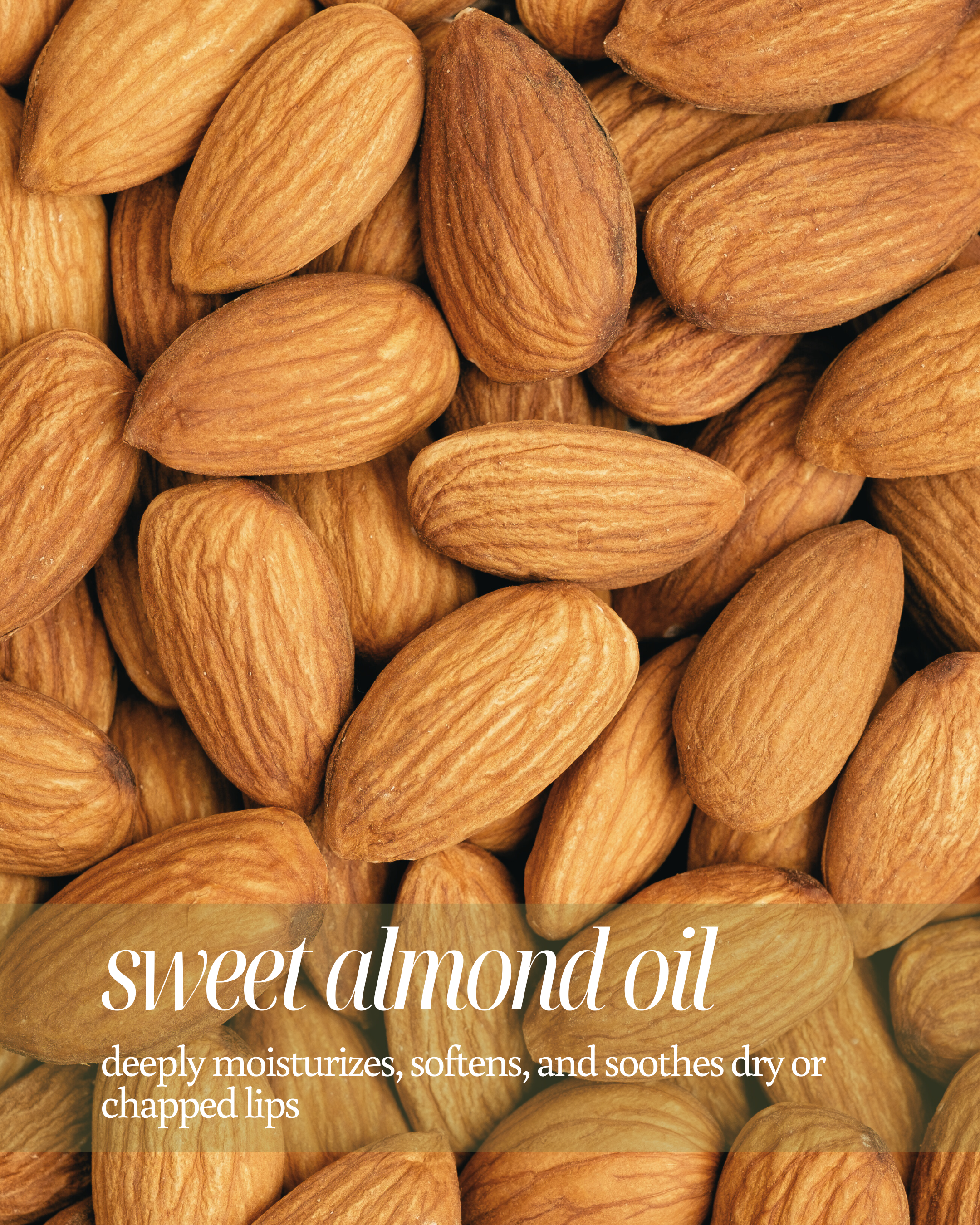 Close-up of almond used as a background for text highlighting sweet almond oil's lipcare benefits, stating ‘deeply moisturizes, softens, and soothes dry or chapped lips.’