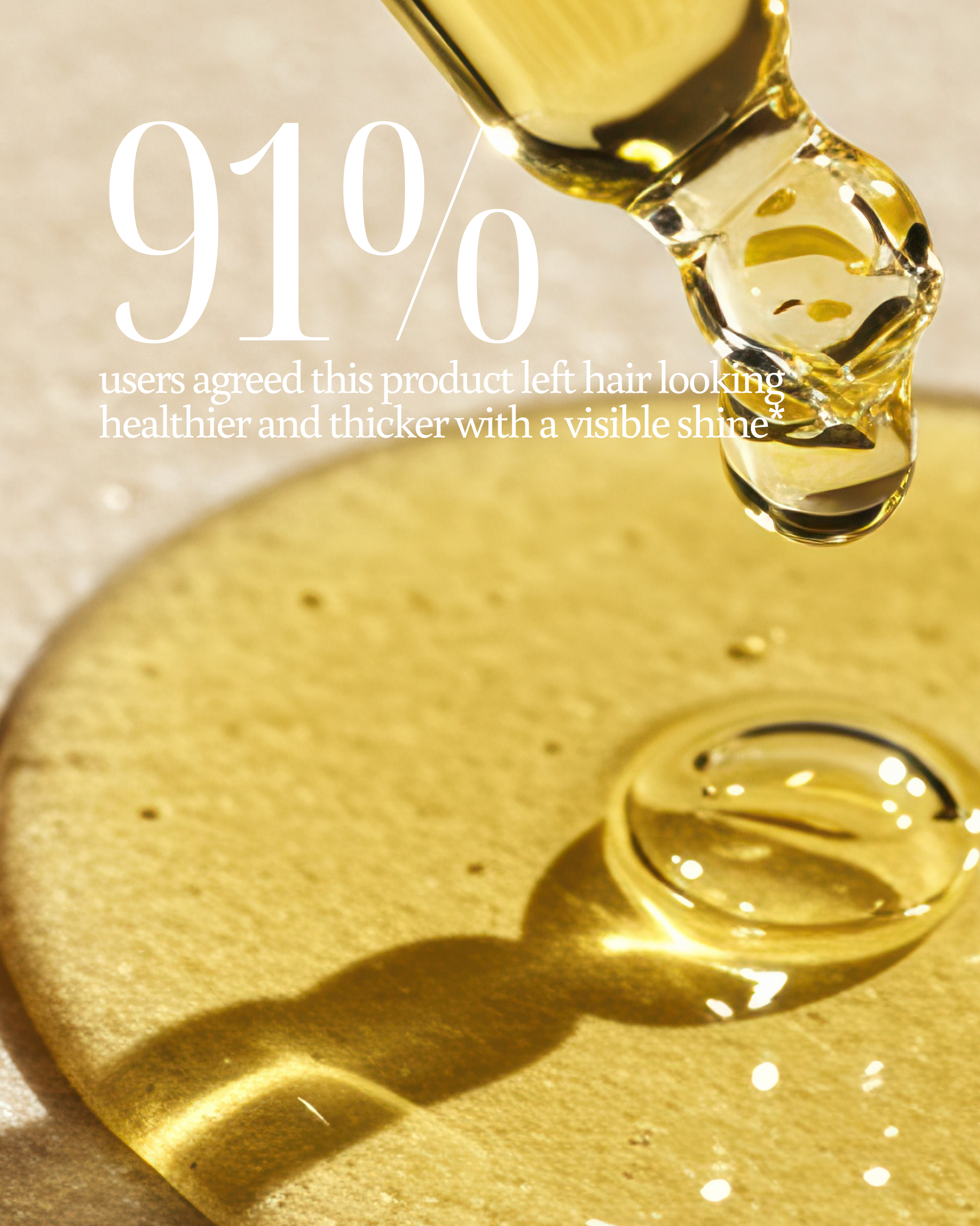 Close-up of a dropper with yellow liquid on a beige background, featuring text about product effectiveness reading "91% users agreed this product left hair looking healthier and thicker with a visible shine*