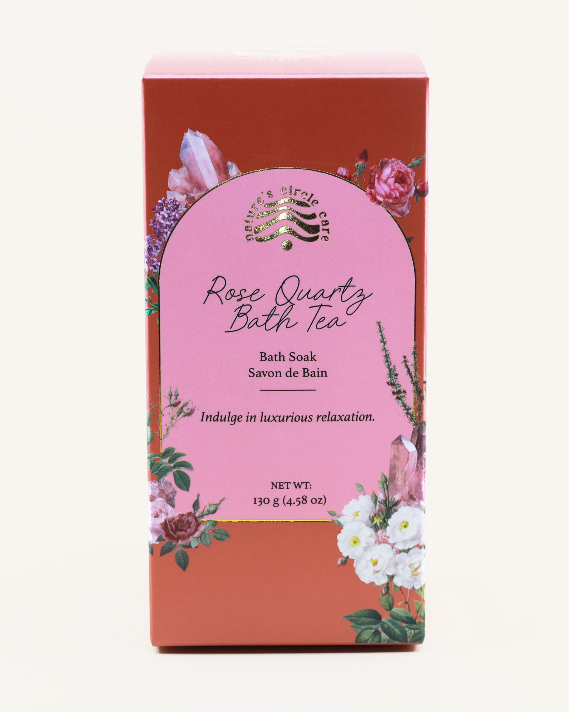 Rose Quartz Bath Tea packaging with pink label and botanical design on a white background by Nature's Circle Care/