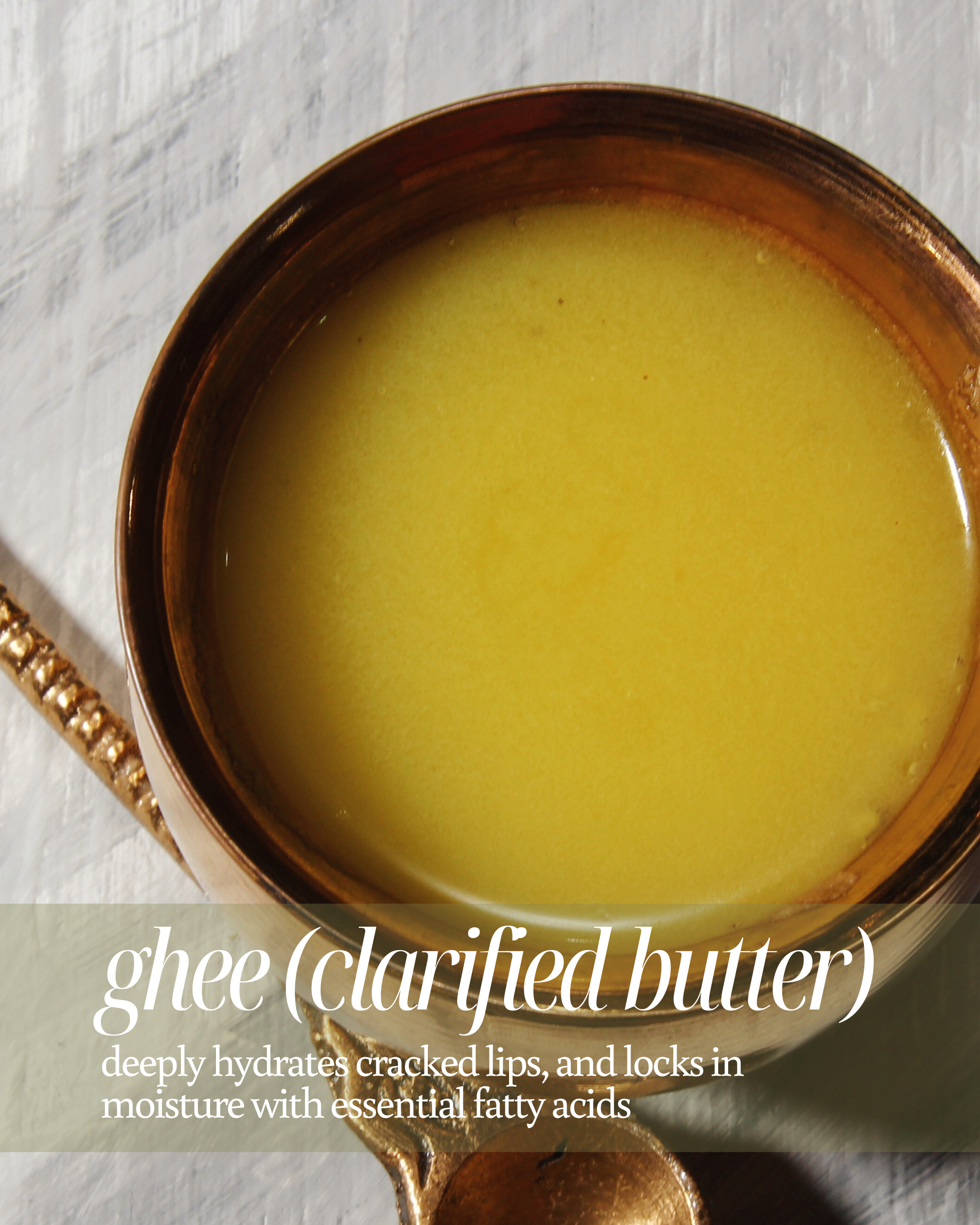Ayurvedic ingredient Ghee or Clarified Butter in a copper pot used as a background for text highlighting ghee's benefits, stating ‘deeply hydrates cracked lips, and locks in moisture with essential fatty acids’