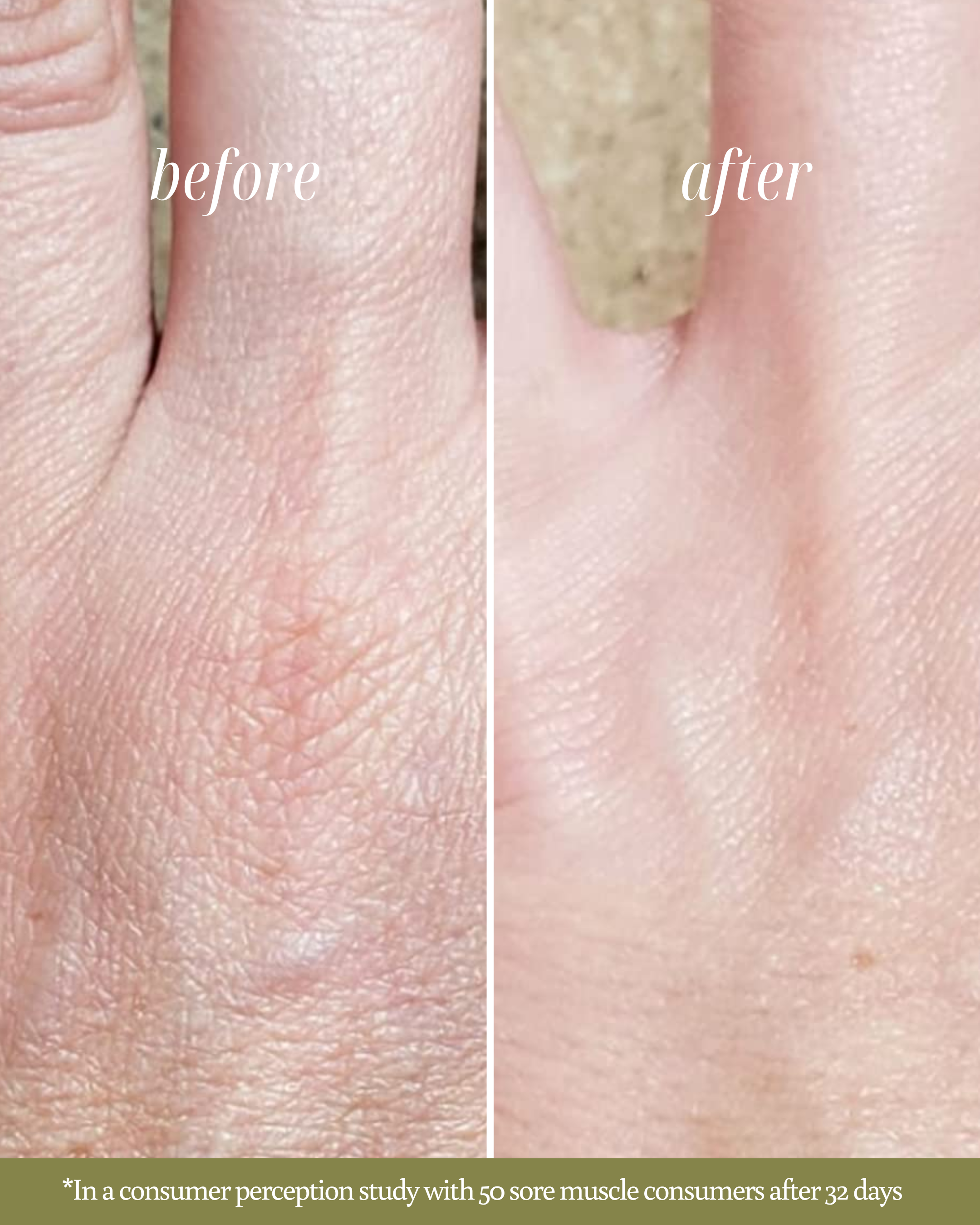 Before and after comparison of muscle texture with text indicating a consumer perception study after using Twilight Amber Bath Tea,