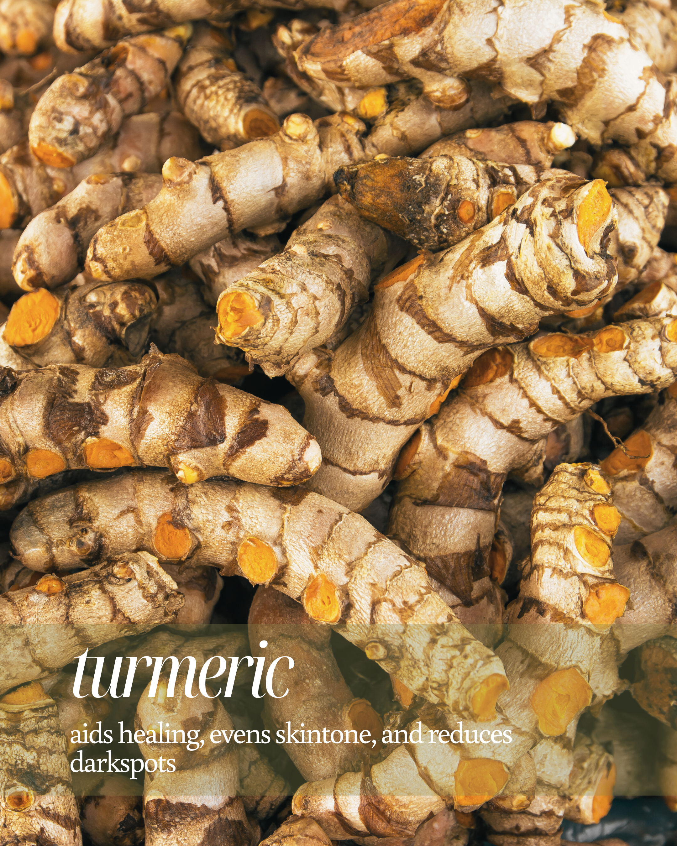 Close-up of turmeric roots with text highlighting benefits reading "aids healing, evens skintone, and reduces darkspots"