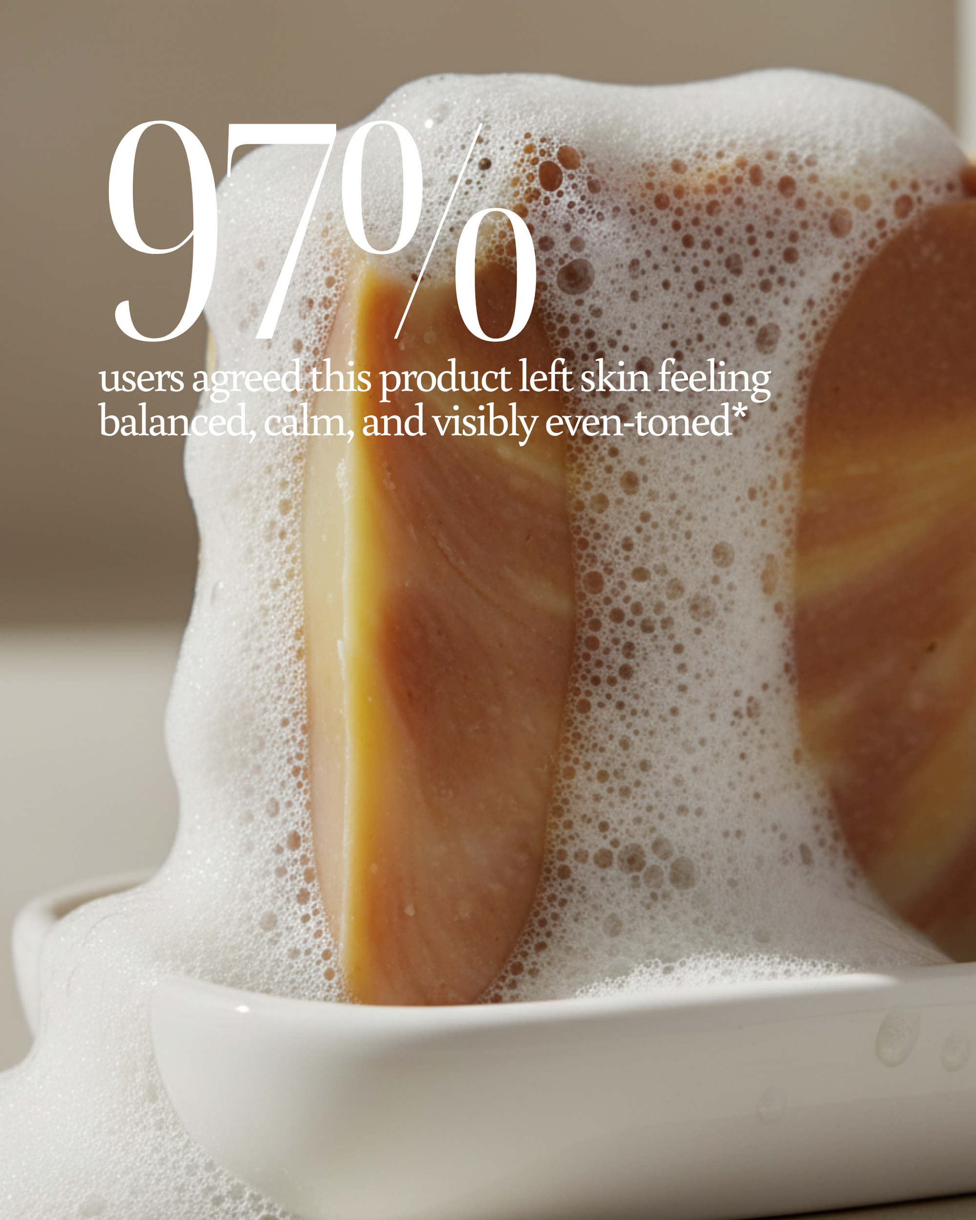 Close-up of a soap bar with foam and text about product user satisfaction reading "97% users agreed this product left skin feeling balanced, calm, and visibly even-toned*"