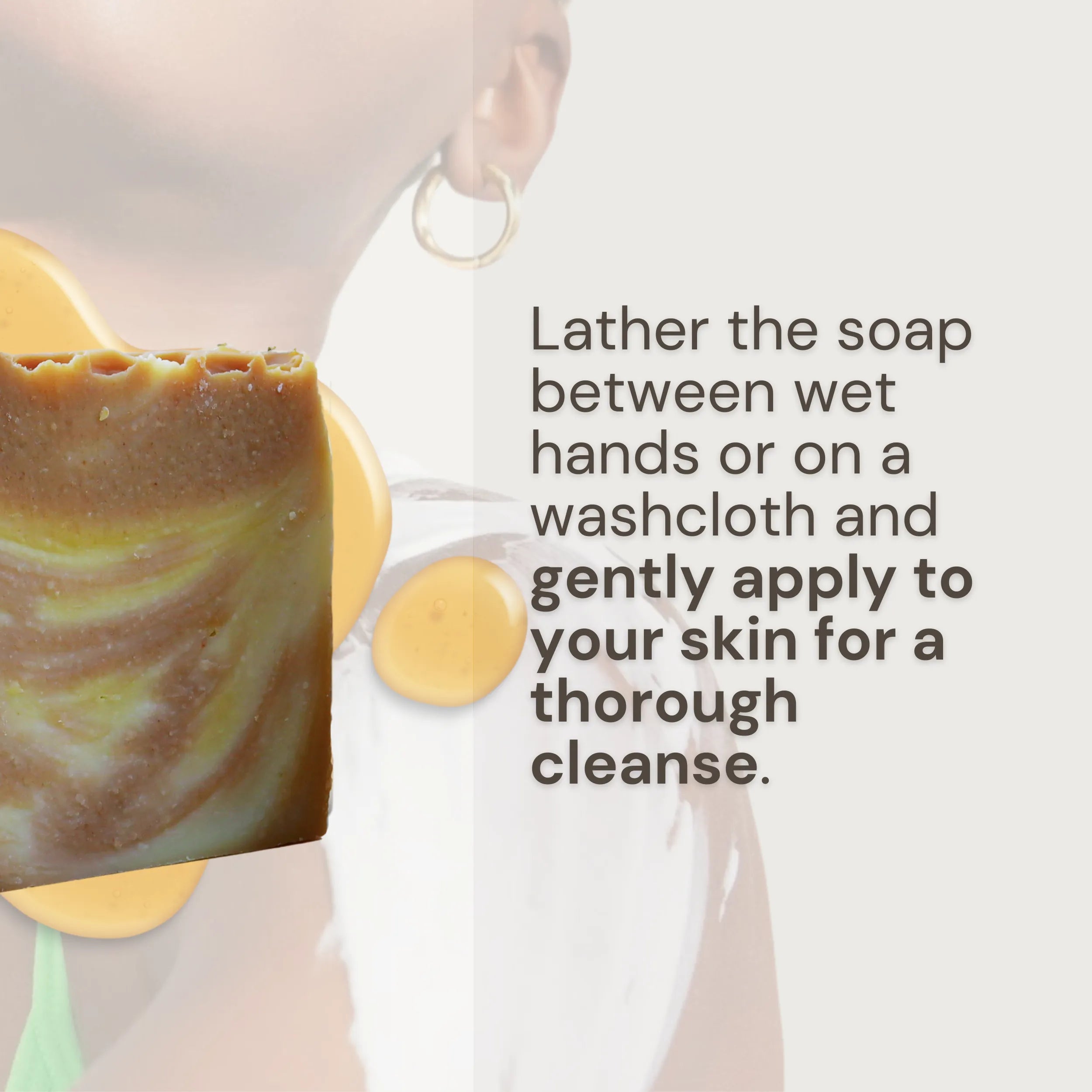 A person using Nature's Circle Care Amber Organic Soap in shower, with a picture of the soap on the left. The text explains how to use: Lather the soap between wet hands or on a washcloth and gently apply to your skin for a thorough cleanse.