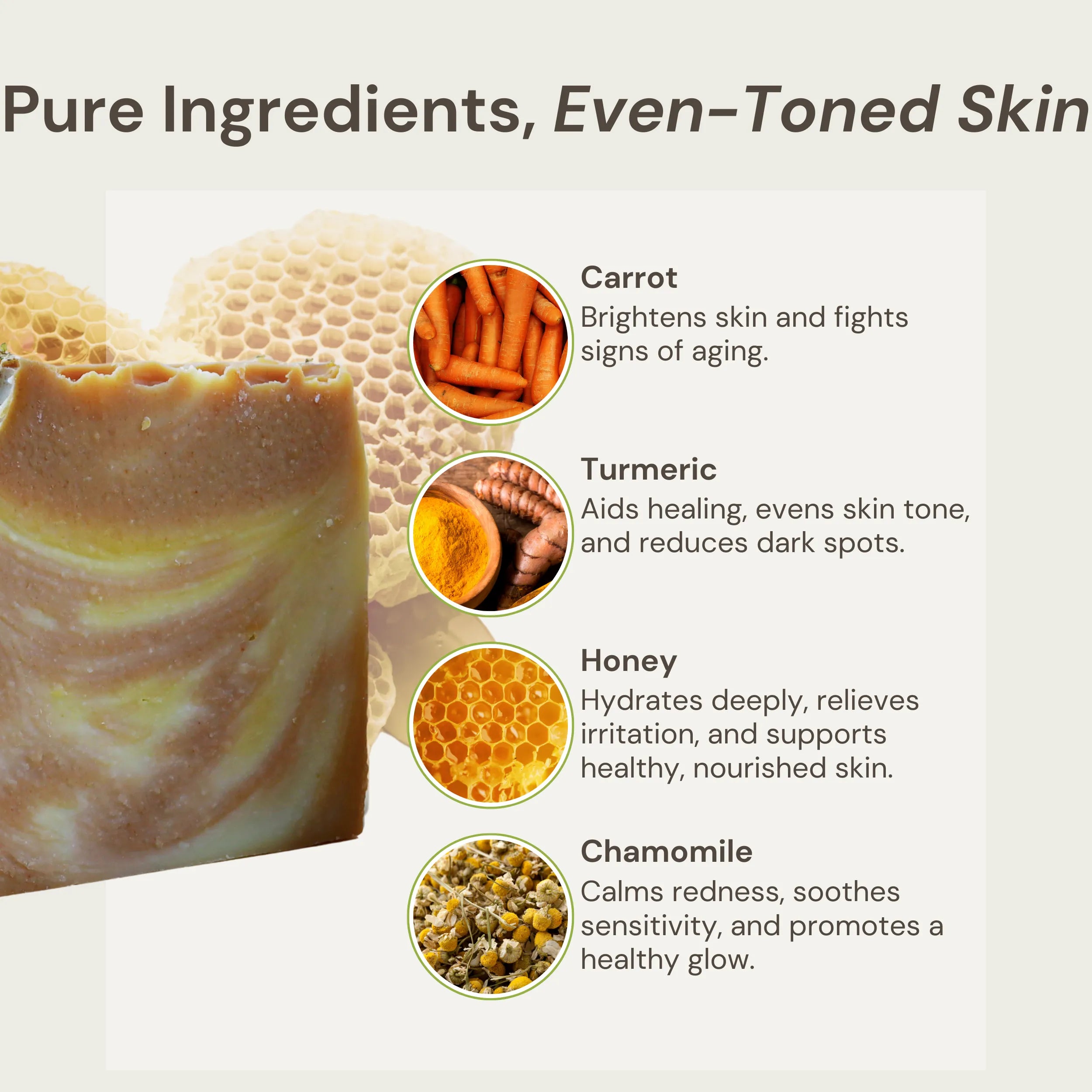 Nature's Circle Care Amber Organic Soap and bee hive on the right. Text highlights its key ingredients and benefits: Carrot  -Brightens skin and fights signs of aging. Turmeric - Aids healing, evens skin stone, and reduces dark spots. Honey - Hydrates deeply, relieves irritation, and supports healthy, nourished skin. Chamomile - Calms redness, soothes sensitivity, and promotes a healthy glow. Emphasizing 'Pure Ingredients, Even-Toned Skin.'