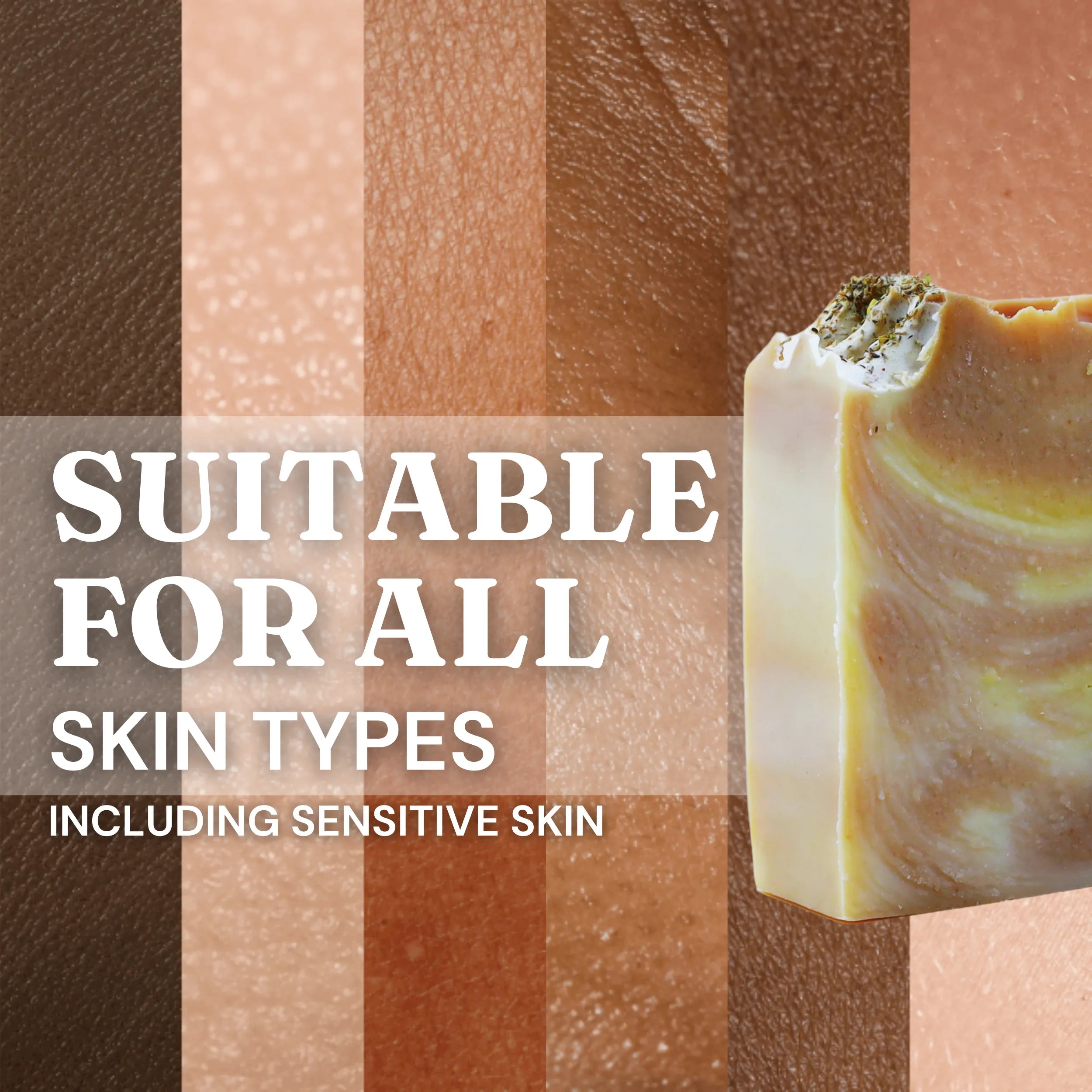 Various skin types displayed in the background with Nature's Circle Care Amber Organic Soap on the right. The text reads: 'Suitable for all skin types, including sensitive skin.' 