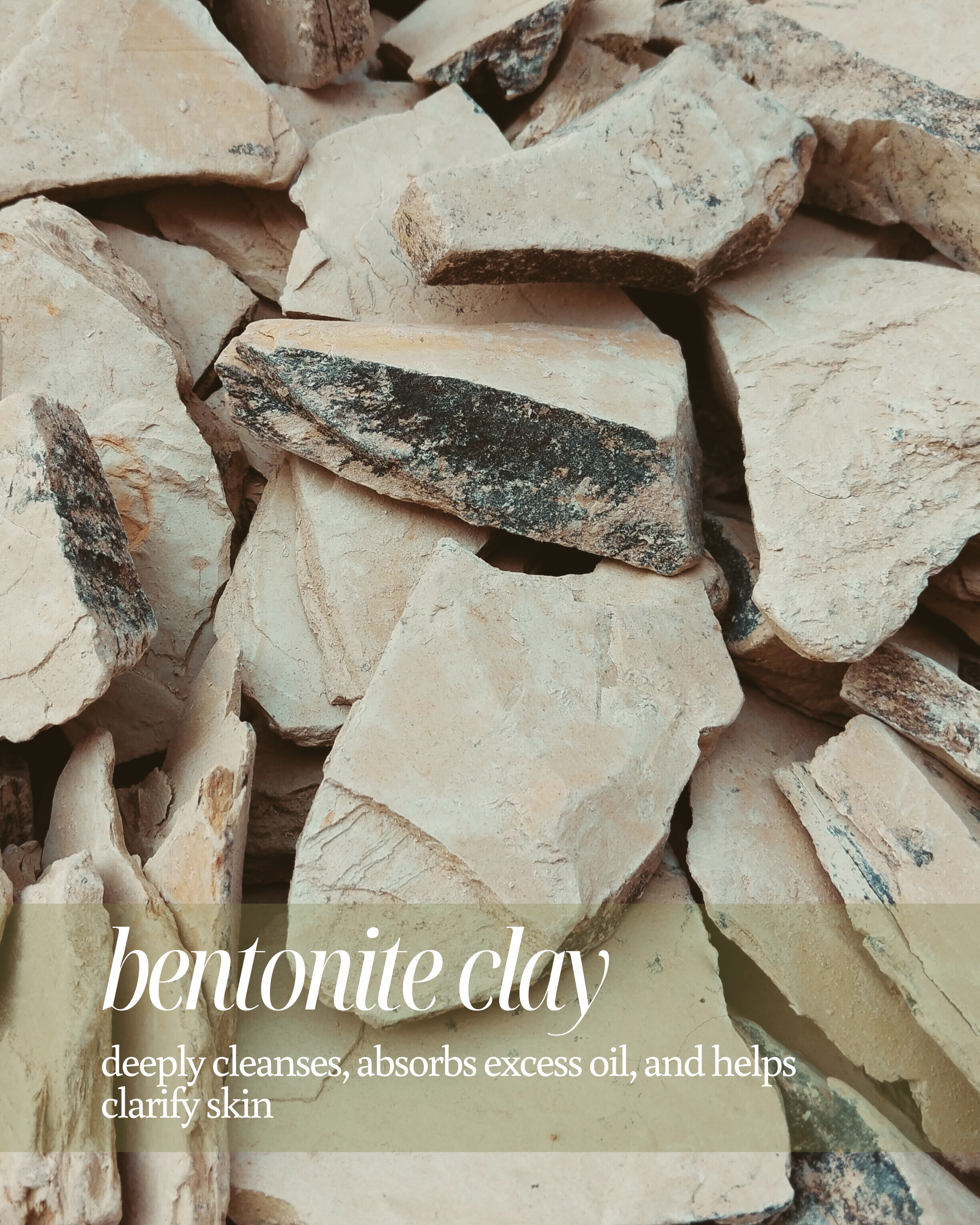 Bentonite clay blocks with text about their benefits reading "deeply cleanses, absorbs excess oil, and helps clarify skin"