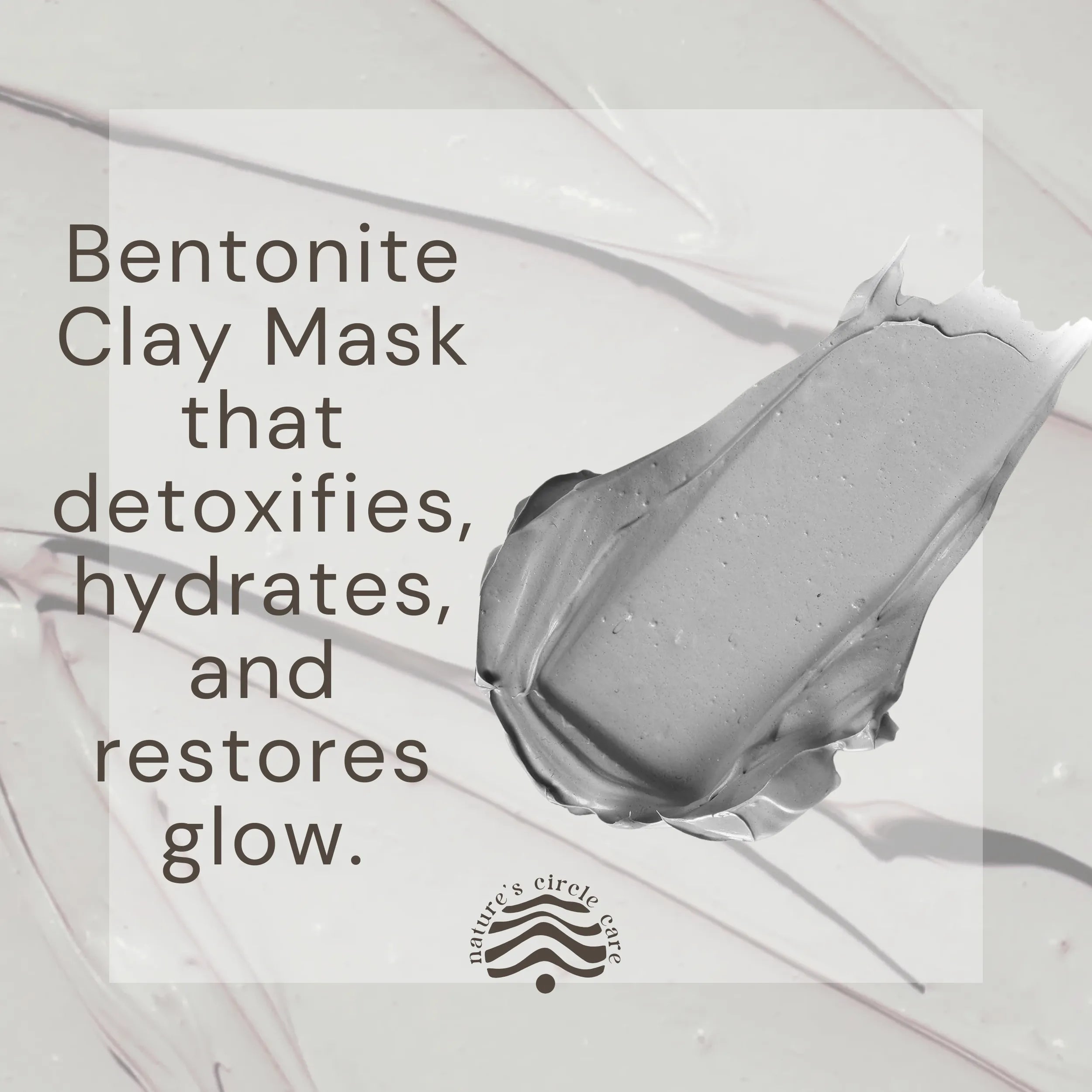 Bentonite Harmony Clay Mask (Bentonite Clay Face Mask) product description alongside a grey swatch, highlighting its detoxifying, purifying, hydrating, and glow restoring benefits for the skin.