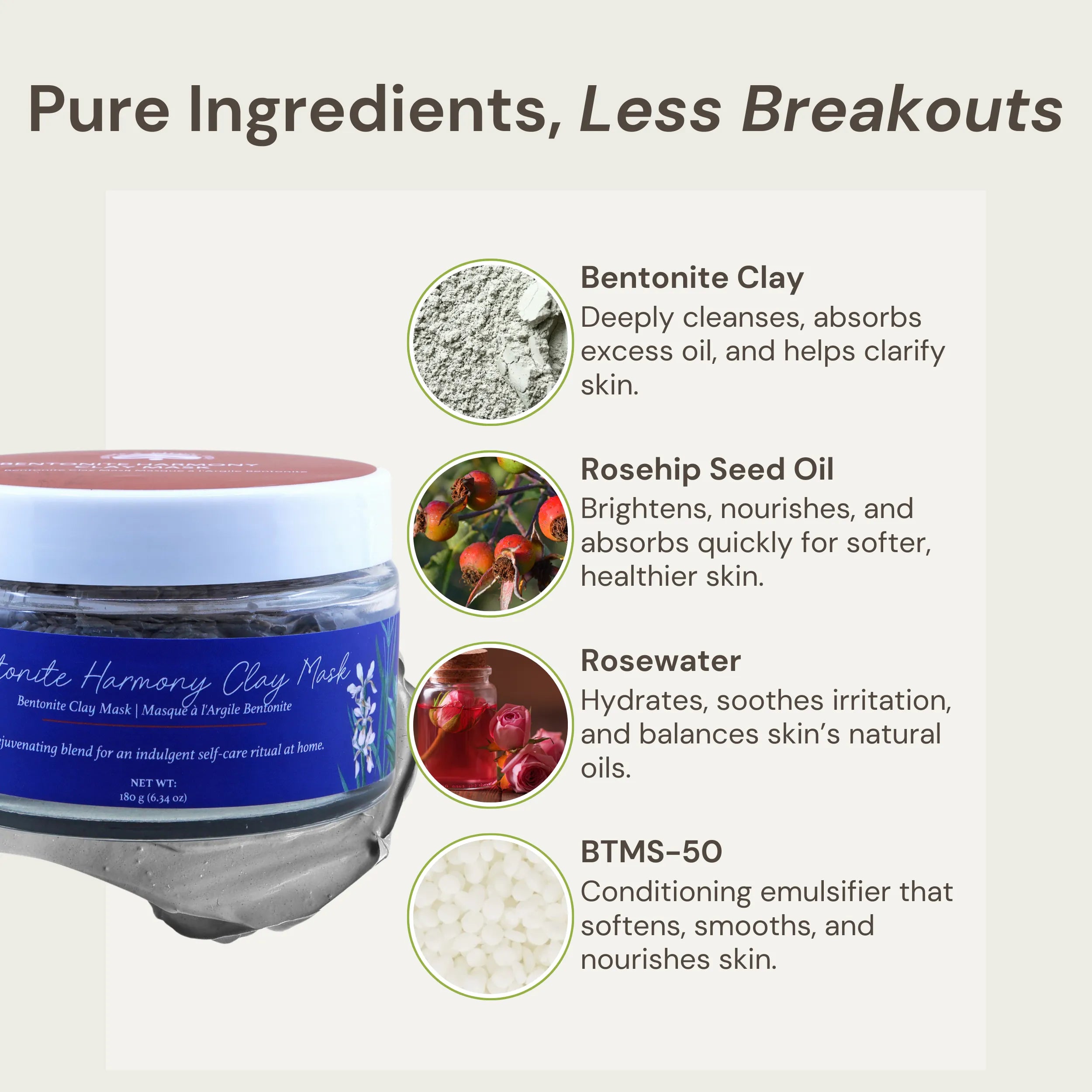 Image featuring Nature’s Circle Care Bentonite Harmony Clay Mask on the left with a swatch in the background. On the right, text highlights key ingredients and benefits: Bentonite Clay deeply cleanses, absorbs excess oil, and helps clarify skin. Rosehip Seed Oil brightens, nourishes, and absorbs quickly for softer, healthier skin. Rosewater hydrates, soothes irritation, and balances skin’s natural oils. BTMS-50 is a conditioning emulsifier that softens, smooths, and nourishes skin.