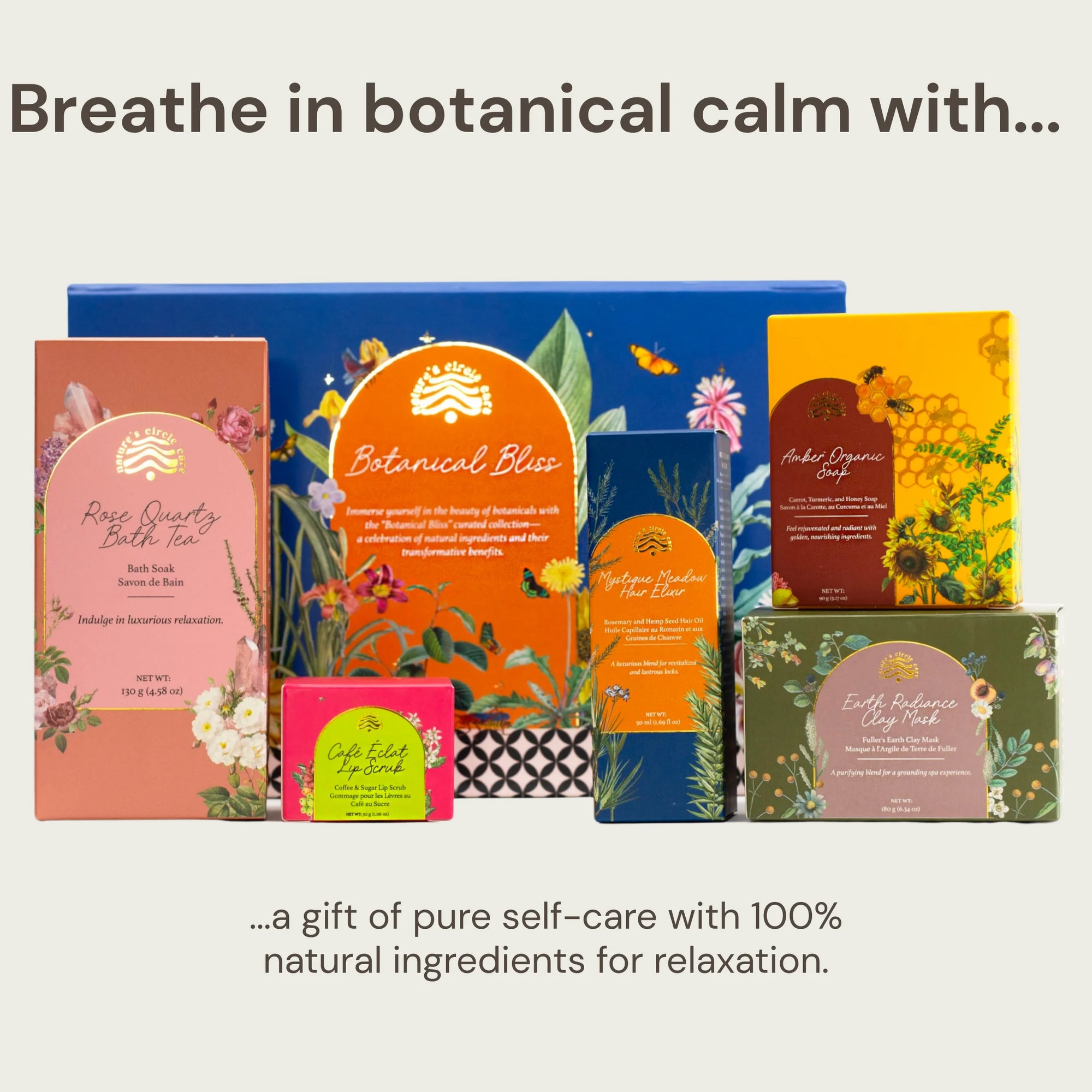 Experience the healing power of nature with the Botanical Bliss box, featuring a curated selection of luxurious products like Café Éclat Lip Scrub, Amber Organic Soap, Earth Radiance Clay Mask, Rose Quartz Bath Salt, and Mystique Meadow Hair Oil, offering a serene escape into botanical luxury and wellness