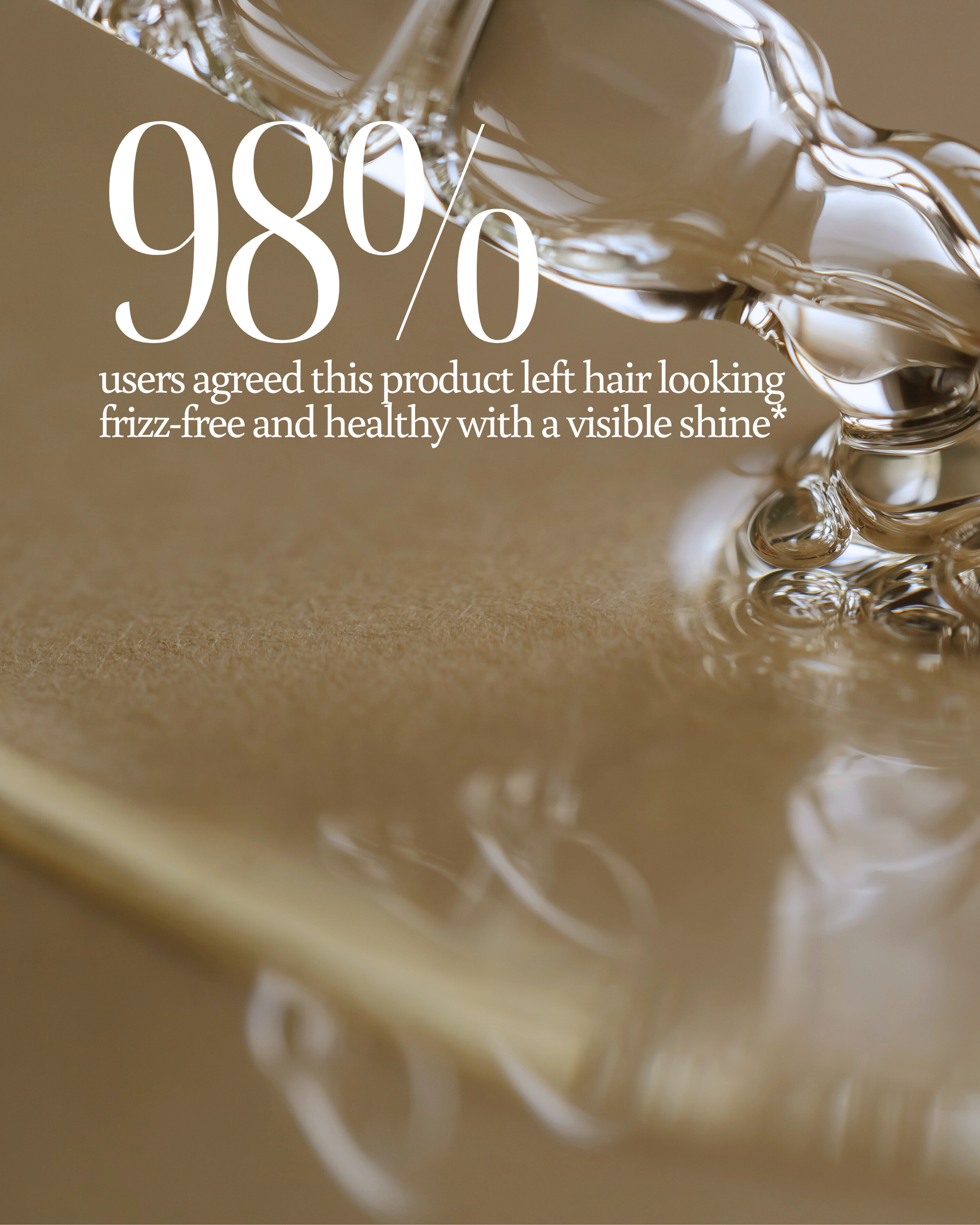 Close-up of Breeze Hair Elixir with text indicating user 98% user satisfaction for frizz free hair with a visible shine.
