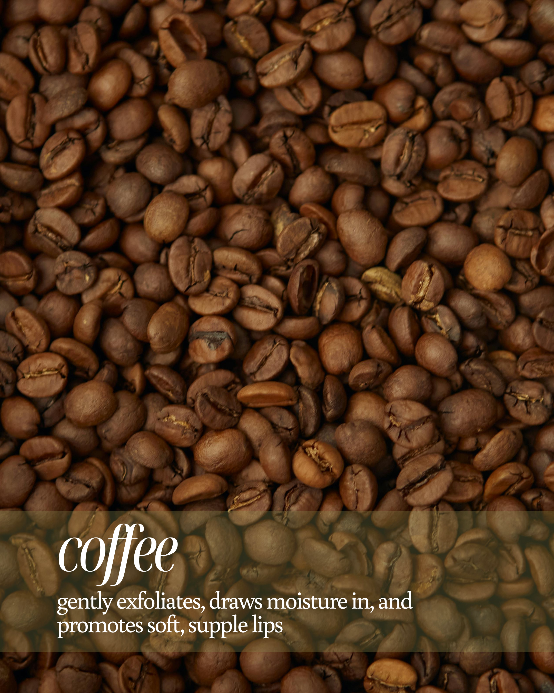 Close-up of coffee beans used as a background for text highlighting ground coffee's lipcare benefits, stating ‘gently exfoliates, draws moisture in, and promotes soft, supple lips'