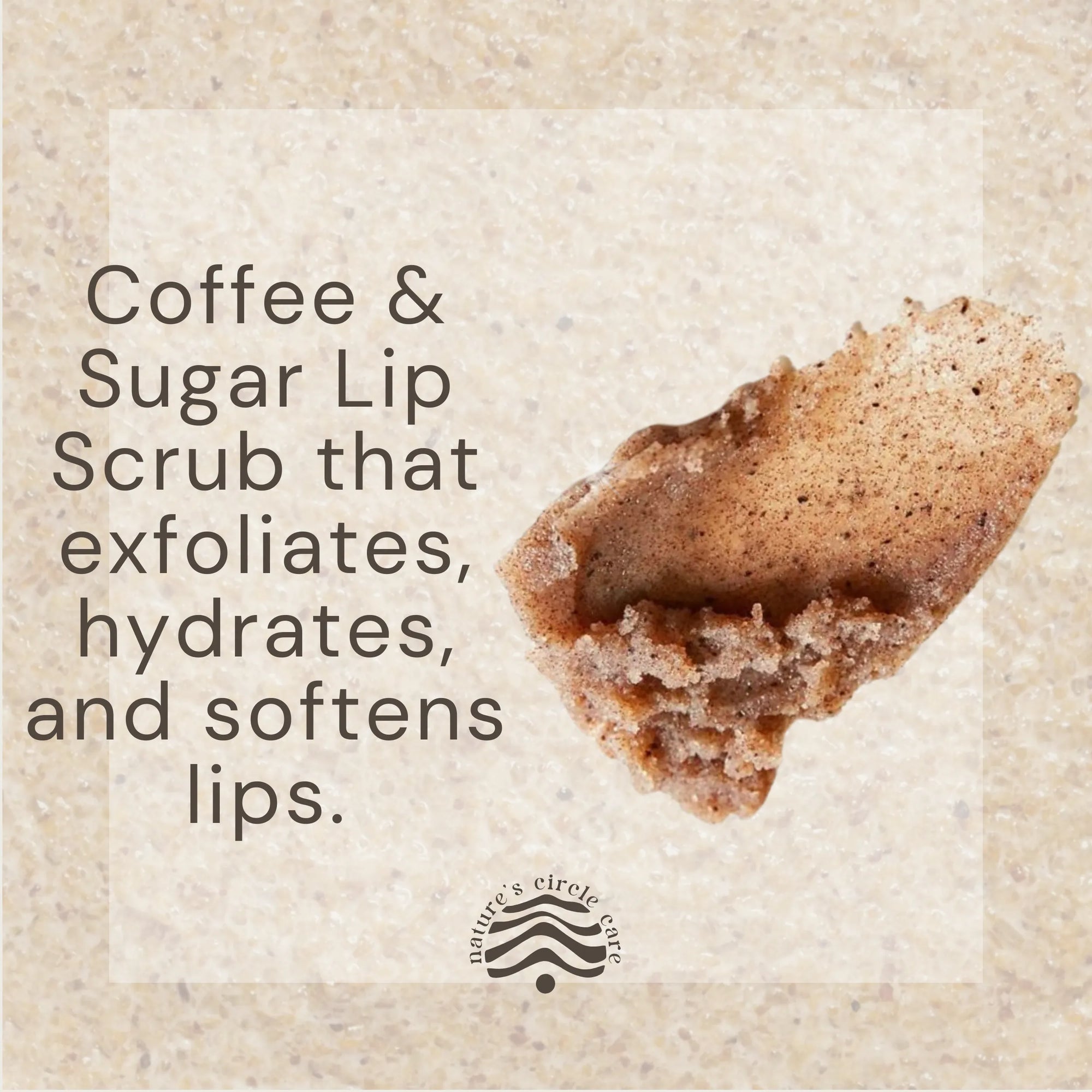 Cafe Eclat Lip Scrub (Coffee & Sugar Lip Scrub) product description alongside a grainy brown lip scrub swatch, highlighting its nourishing, exfoliating, and hydrating benefits for dry and chapped lips.