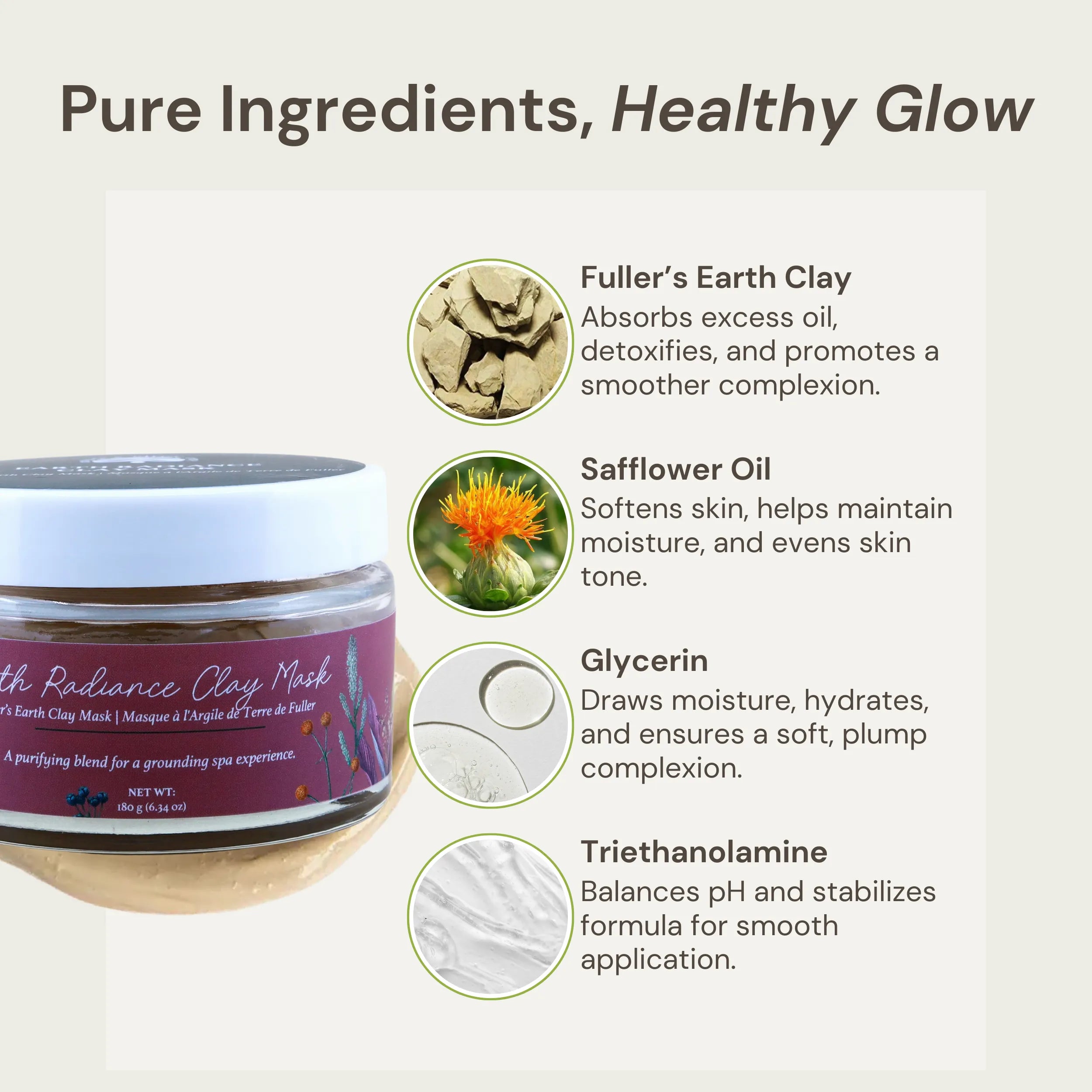Image of Nature’s Circle Care Earth Radiance Clay Mask on the left with a swatch in the background. On the right, text highlights key ingredients and benefits: Fuller’s Earth Clay absorbs excess oil, detoxifies, and promotes a smoother complexion. Safflower Oil softens skin, helps maintain moisture, and evens skin tone. Glycerin draws moisture, hydrates, and ensures a soft, plump complexion. Triethanolamine balances pH and stabilizes the formula for smooth application. Pure Ingredients, Healthy Glow