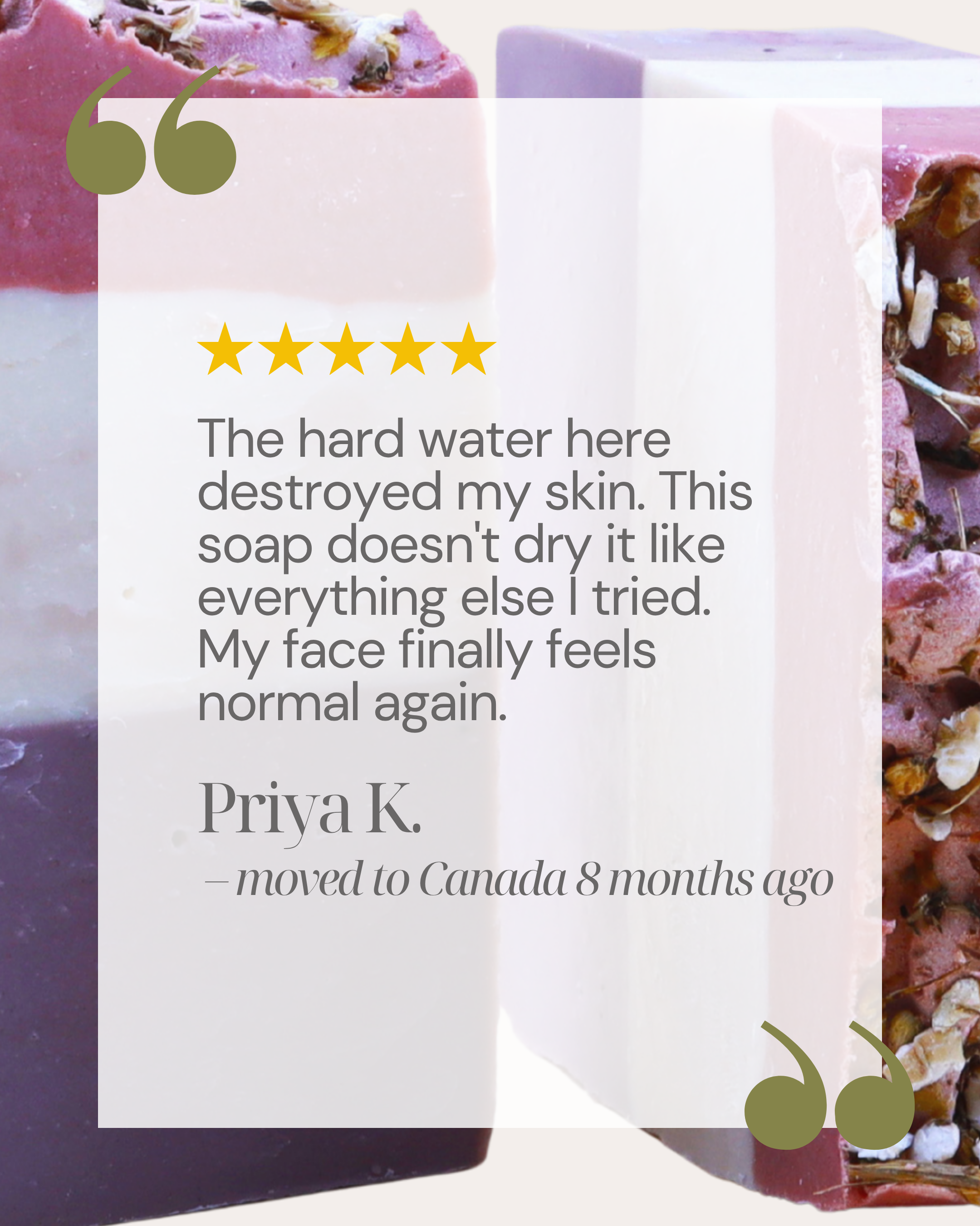 Bar of soap with a five-star rating review on a white background.