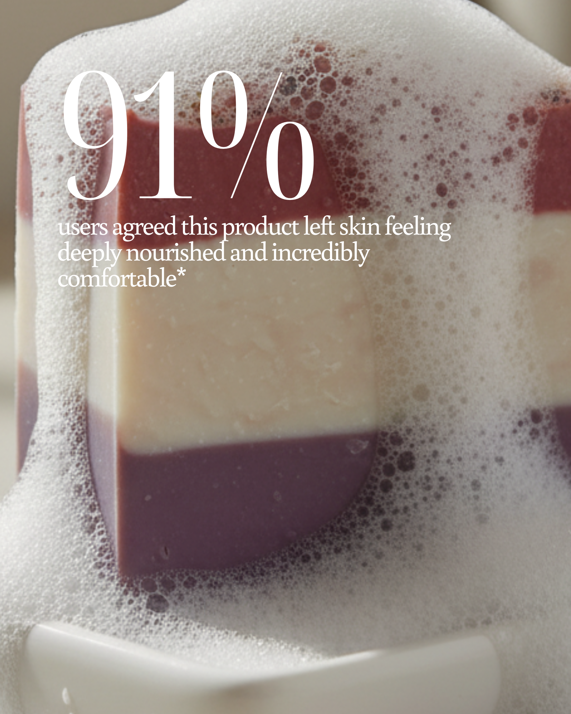 Bar of soap in a sink with bubbles and text about product user satisfaction reading "92% users agreed this product left skin feeling deeply nourished and incredibly comfortable*"