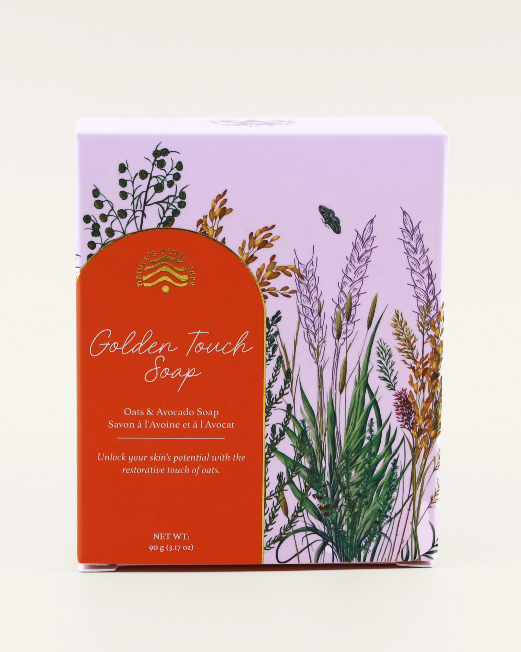 Nature's Circle Care soap packaging with oats and avocado design and 'Golden Touch Soap' text on a white background