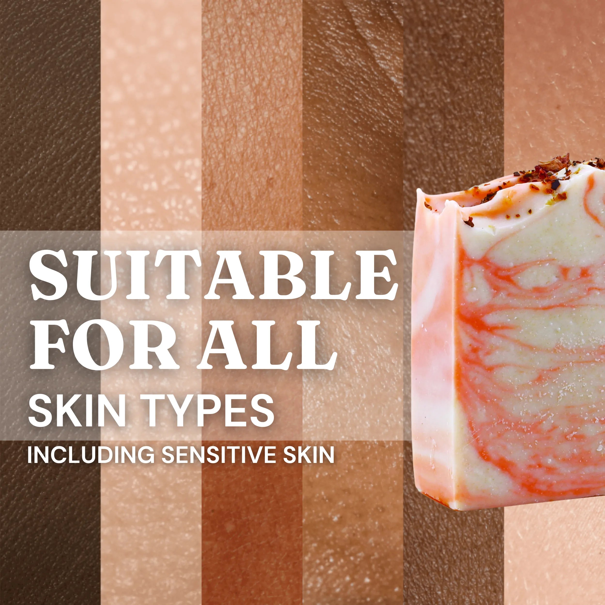 Various skin types displayed in the background with Nature's Circle Care Healing Haven Soap on the right. The text reads: 'Suitable for all skin types, including sensitive skin.' 