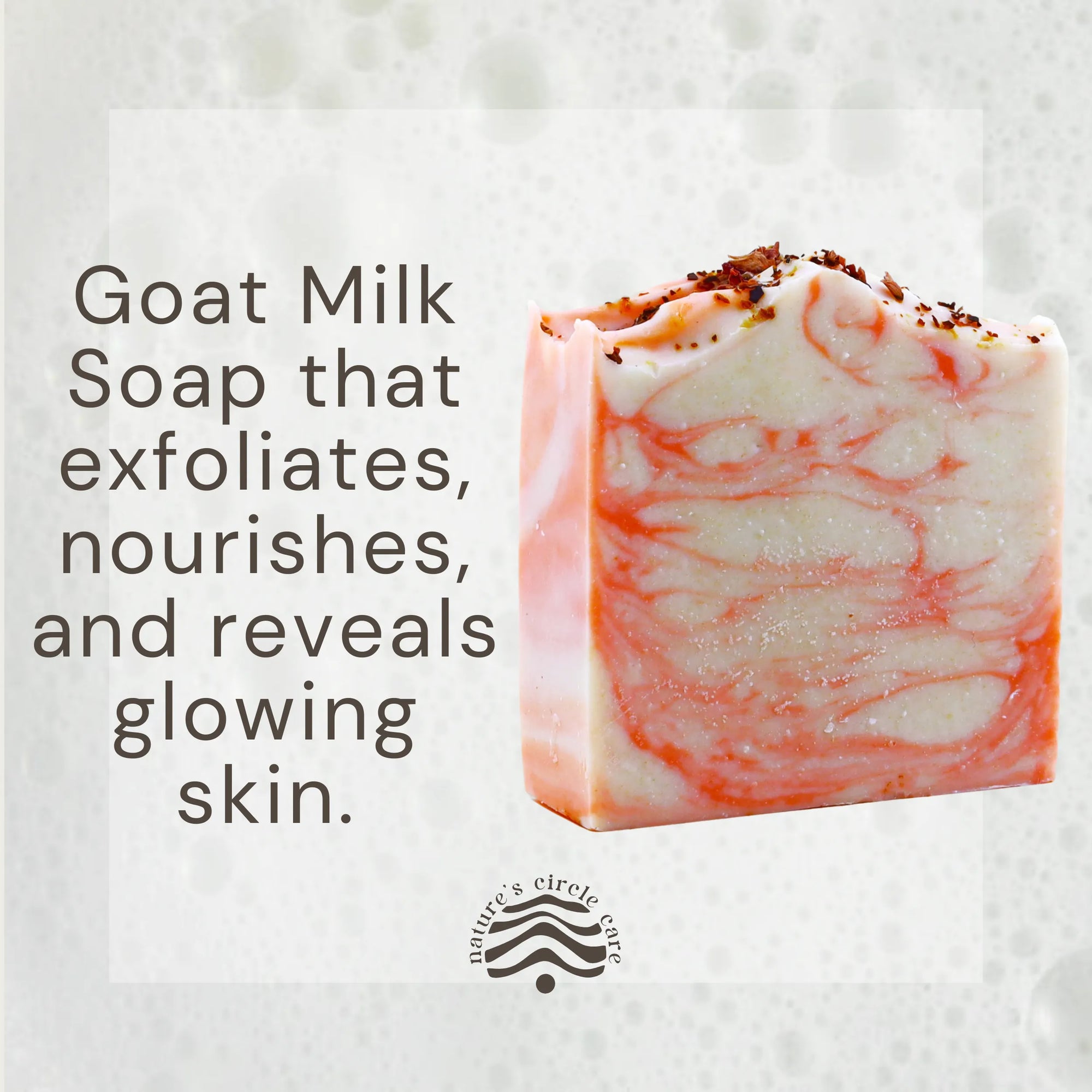 Nature's Circle Care's Healing Haven Soap, with it luxurious lather in the background. This goat milk soap exfoliates, nourishes, and reveals glowing skin.