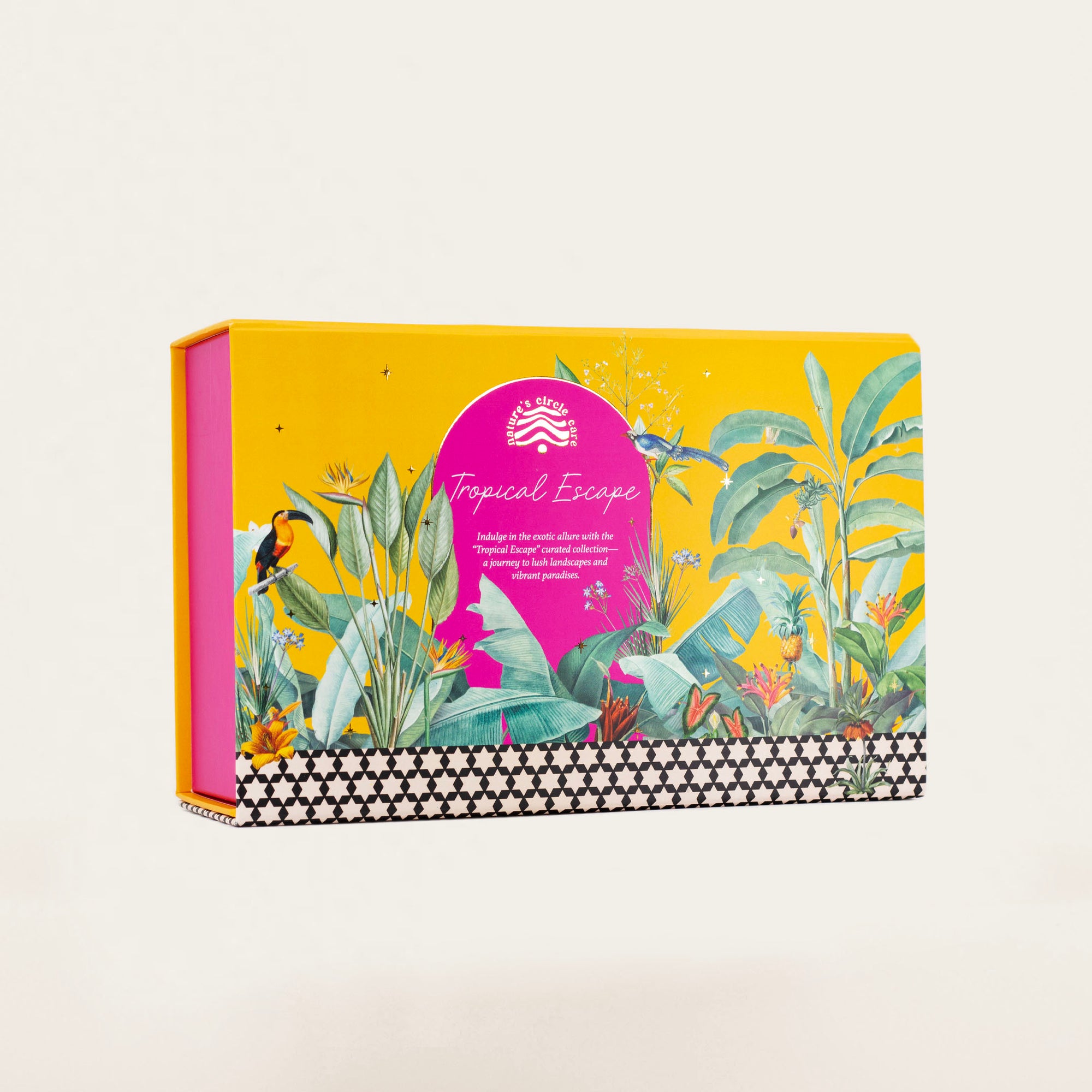 Escape to a tropical paradise with the Tropical Escape box, featuring luxurious skincare products like Tropical Bliss Lip Balm, Marine Revival Soap, Bentonite Harmony Clay Mask, Twilight Amber Bath Salt, and Breeze Hair Oil, offering a sensory journey through vibrant scents and tropical luxury.