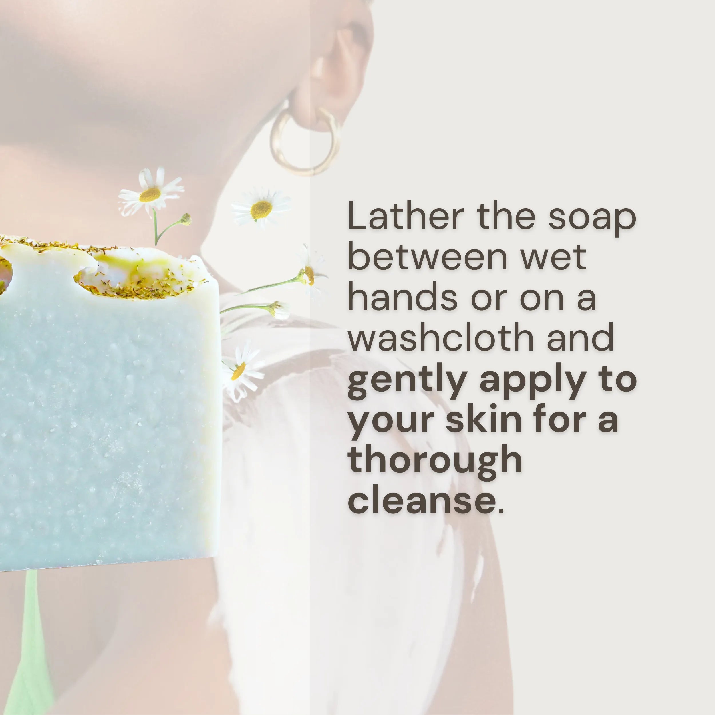 A person using Nature's Circle Care Marine Revival Soap in shower, with a picture of the soap on the left. The text explains how to use: Lather the soap between wet hands or on a washcloth and gently apply to your skin for a thorough cleanse.