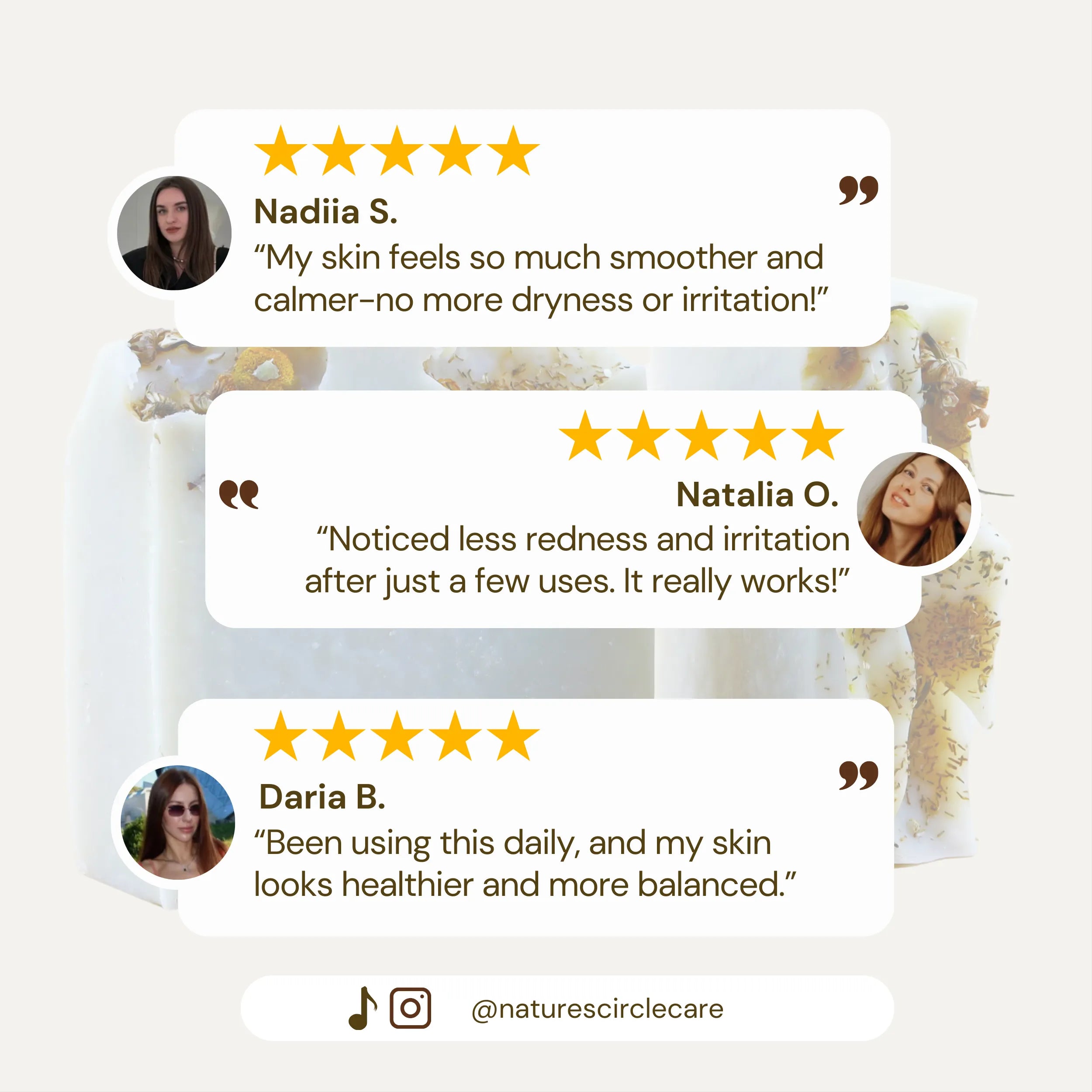 Marine Revival Soap – Customer Reviews. Nadiia S. 'My skin feels so much smoother and calmer-no more dryness or irritation!' Natalia O. 'Noticed less redness and irritation after just a few uses. It really works!' Daria B. 'Been using this daily, and my skin looks healthier and more balanced.'