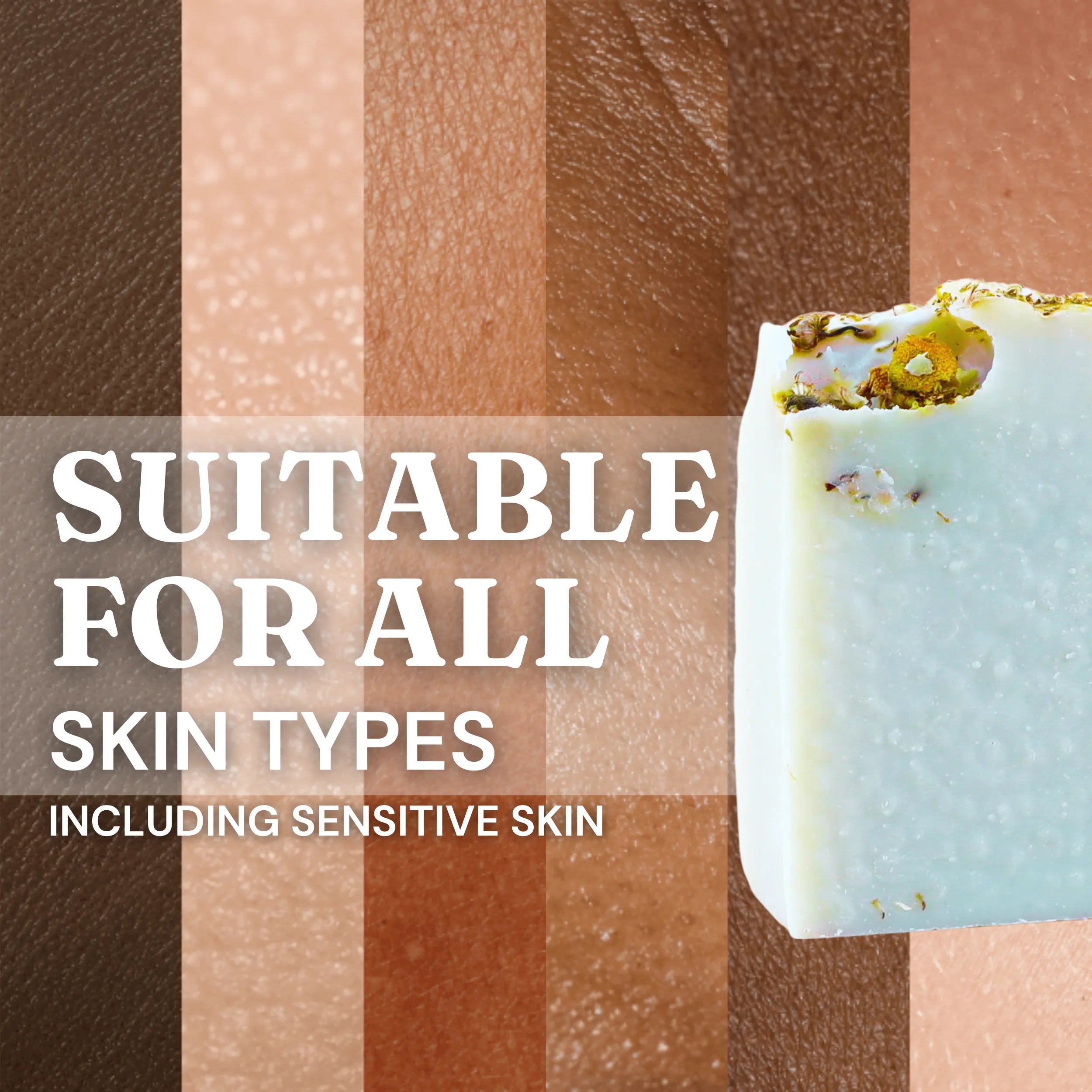Various skin types displayed in the background with Nature's Circle Care Marine Revival Soap on the right. The text reads: 'Suitable for all skin types, including sensitive skin.' 
