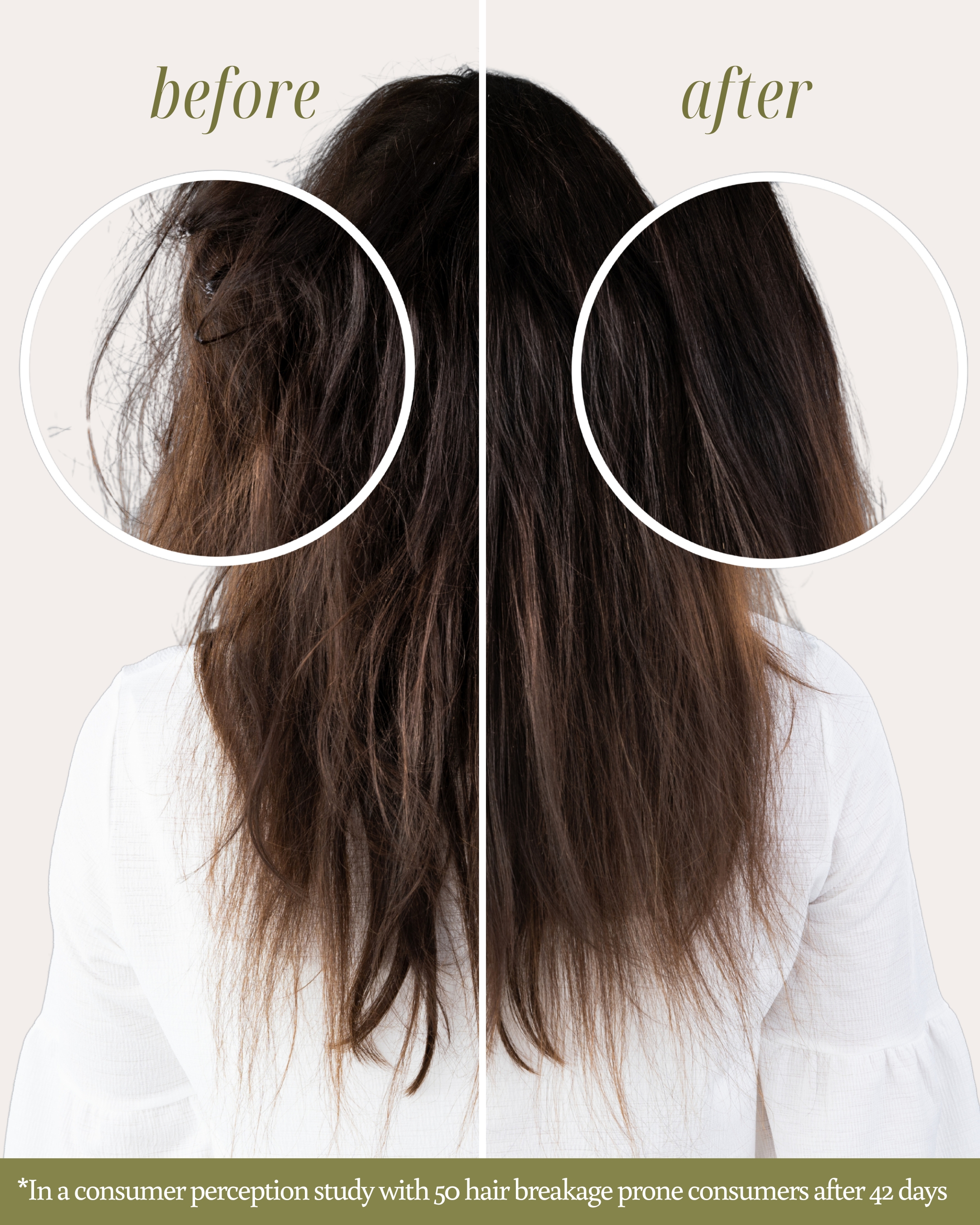 Before and after comparison of hair with a focus on texture and length after applying Mystique Meadow Hair Elixir based on a consumer perception study.