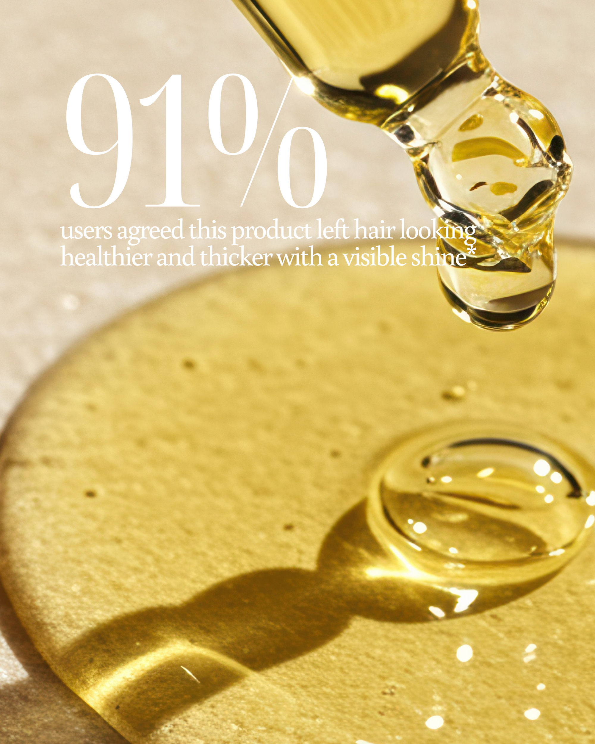 Close-up of a dropper with yellow liquid on a beige background, featuring text about product effectiveness reading "91% users agreed this product left hair looking healthier and thicker with a visible shine*