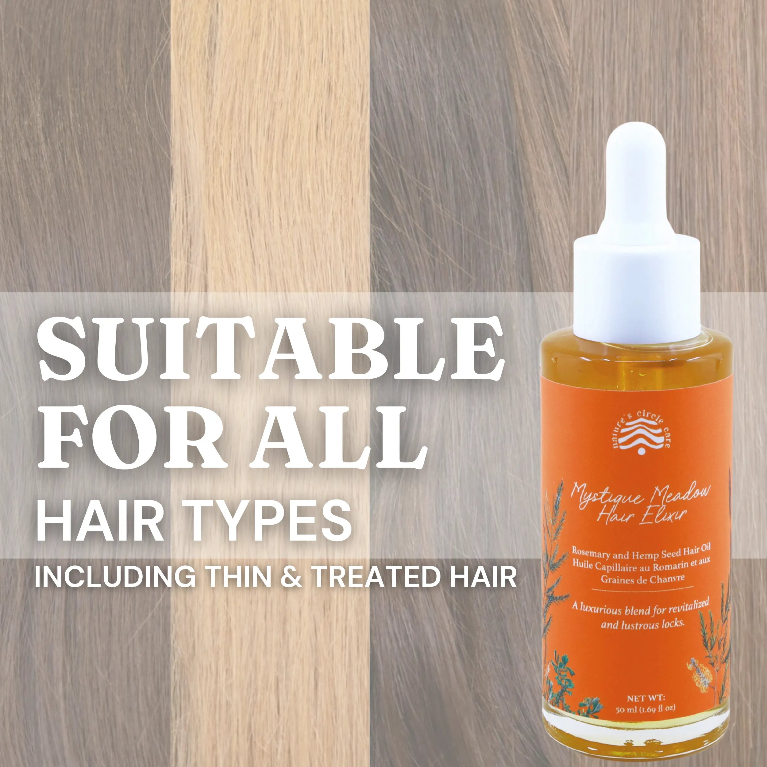 Various hair types displayed in the background with Nature's Circle Care Mystique Meadow Hair Oil on the right. The text reads: 'Suitable for all hair types, including thin and treated hair.' This hair oil nourishes, strengthens, and promotes healthier, shinier hair for all hair textures.