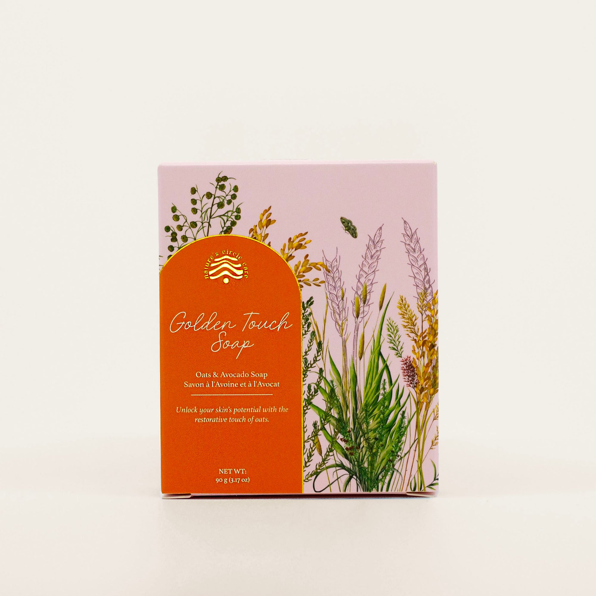 Golden Touch Soap box featuring natural ingredients like oat milk, avocado butter, rose clay, and purple Brazilian clay for radiant, hydrated skin. 90 g (3.47 oz)