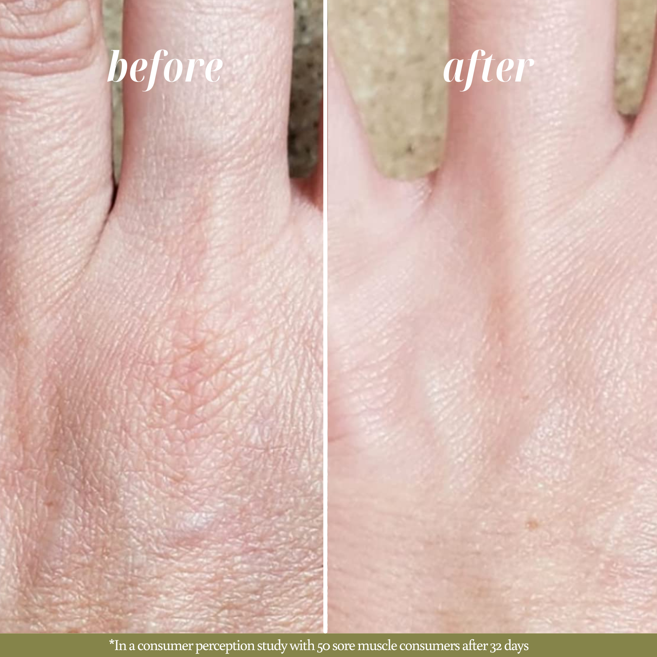 Before and after comparison of muscle texture with text after using Bath Tea / Bath Salt. The picture labeled "Before" is sore and tight muscles, and the picture labeled "After" is loose and relaxed muscles.