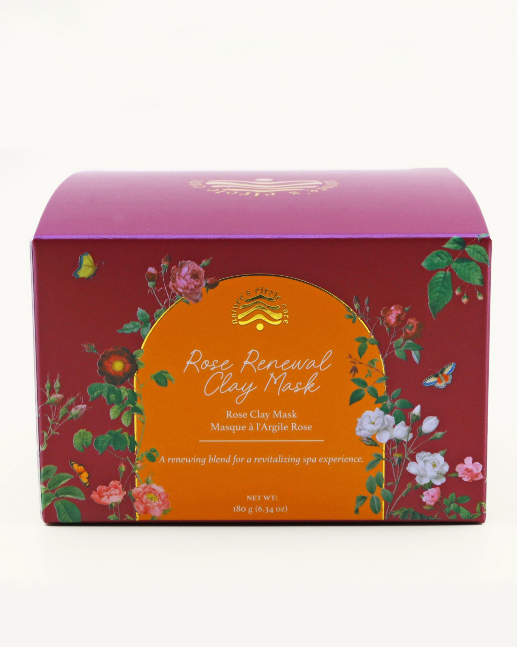 Rose Renewal Clay Mask packaging with floral design on a white background by Nature's Circle Care