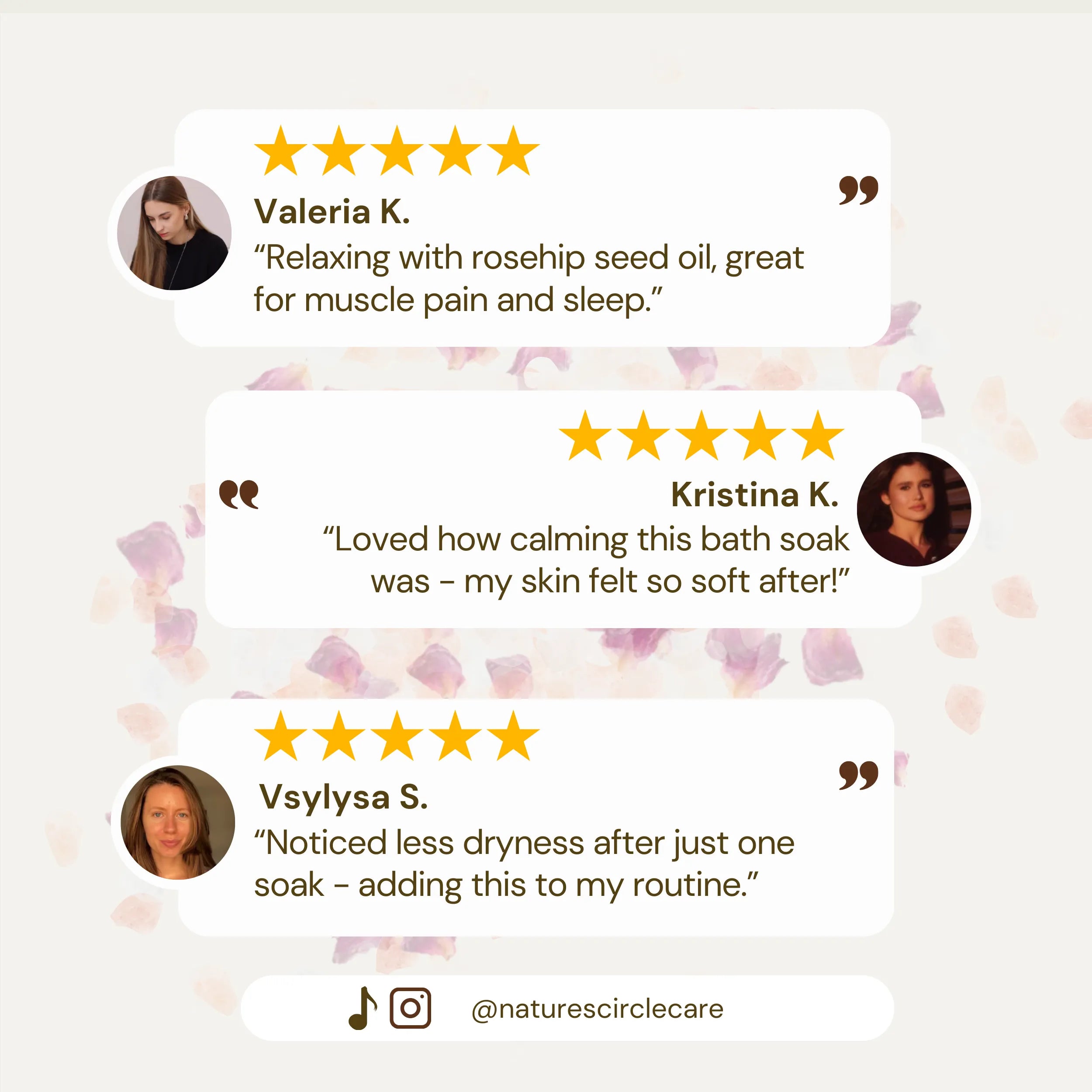 "Customer reviews for Nature's Circle Care Rose Quartz Bath Salt. Valeria K. praises the bath salt for its relaxing effect with rosehip seed oil, perfect for muscle pain relief and promoting better sleep. Kristina K. mentions noticing less dryness after just one soak, adding it to her routine. Vsylysa S. loves how calming the bath soak is, leaving her skin feeling soft and nourished.