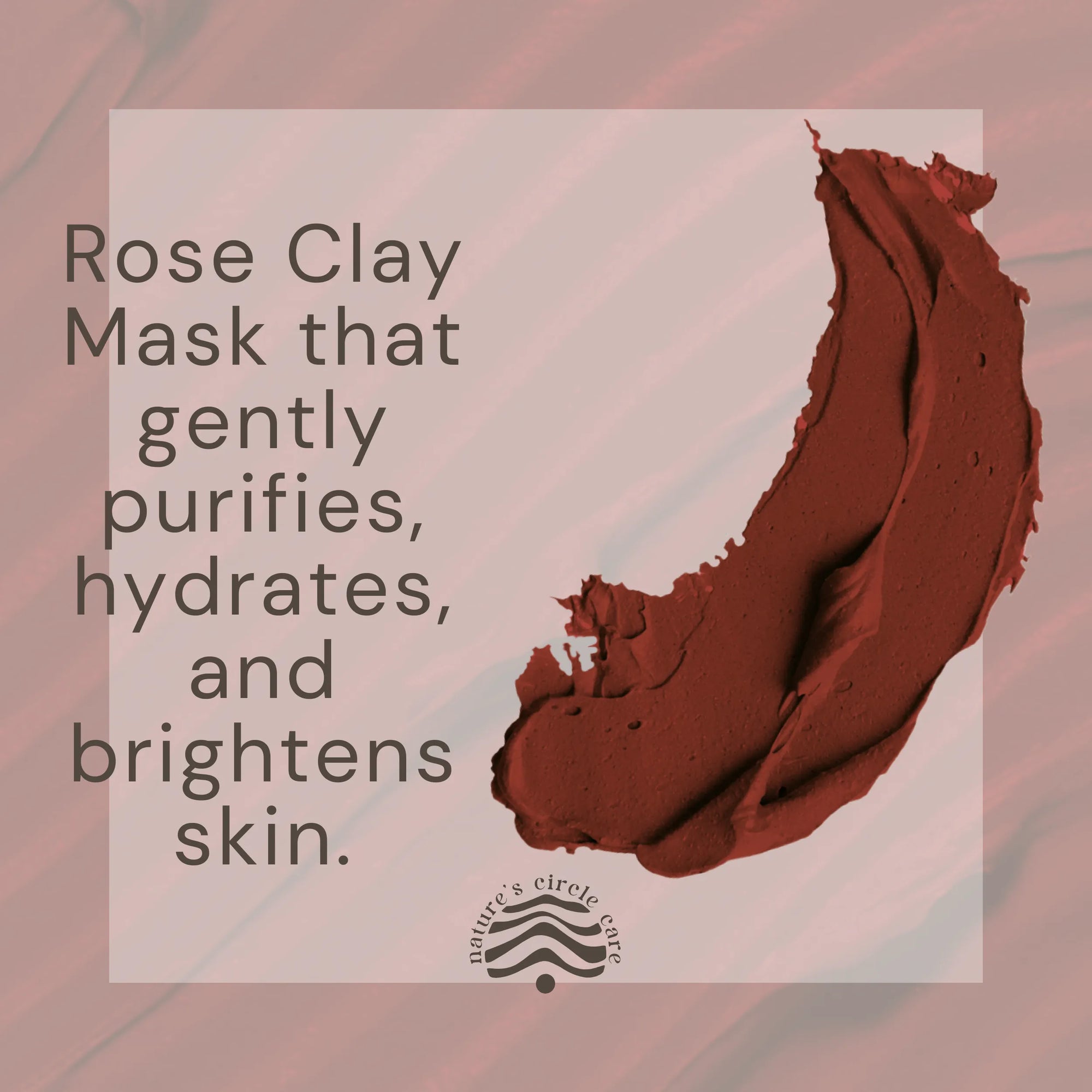 Rose Renewal Clay Mask (Rose Clay Face Mask) product description alongside a red swatch, highlighting its purifying, hydrating, and brightening benefits for the skin.