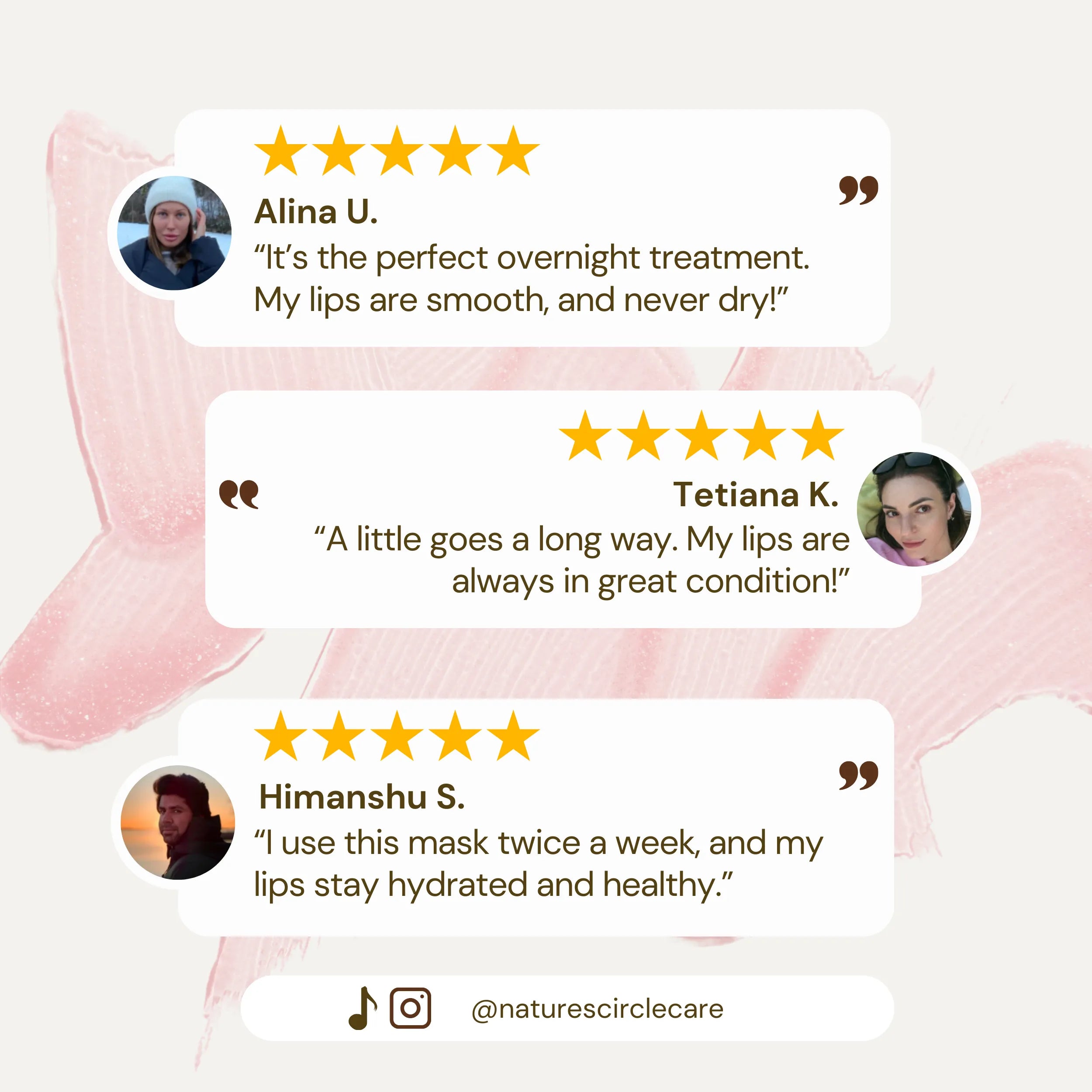 Image featuring customer reviews for Silk Therapy Lip Mask. Users praise the product as the perfect overnight treatment for smooth, hydrated lips. Quotes from Alina U., Tetiana K., and Himanshu S. highlight long-lasting hydration, effectiveness with twice-a-week use, and how a little product goes a long way in maintaining soft, healthy lips.