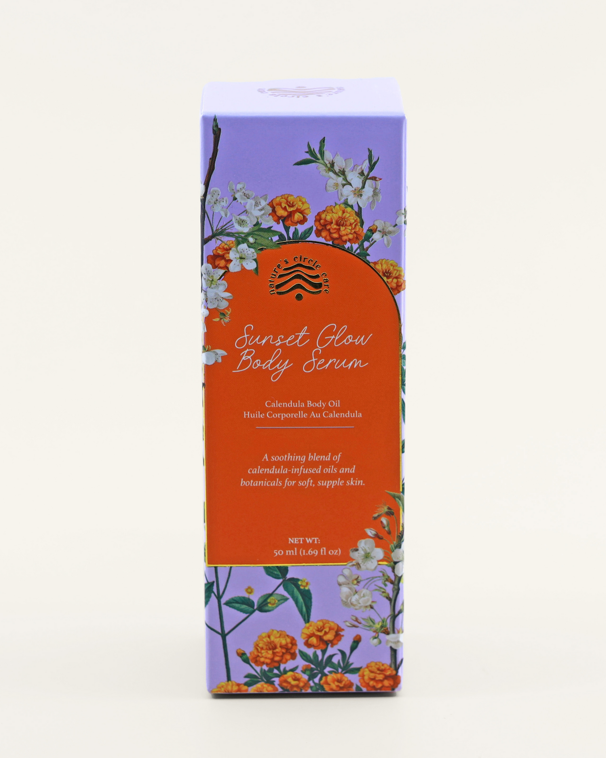 Box of Sunset Glow Body Serum with floral design on a white background by Nature's Circle Care.