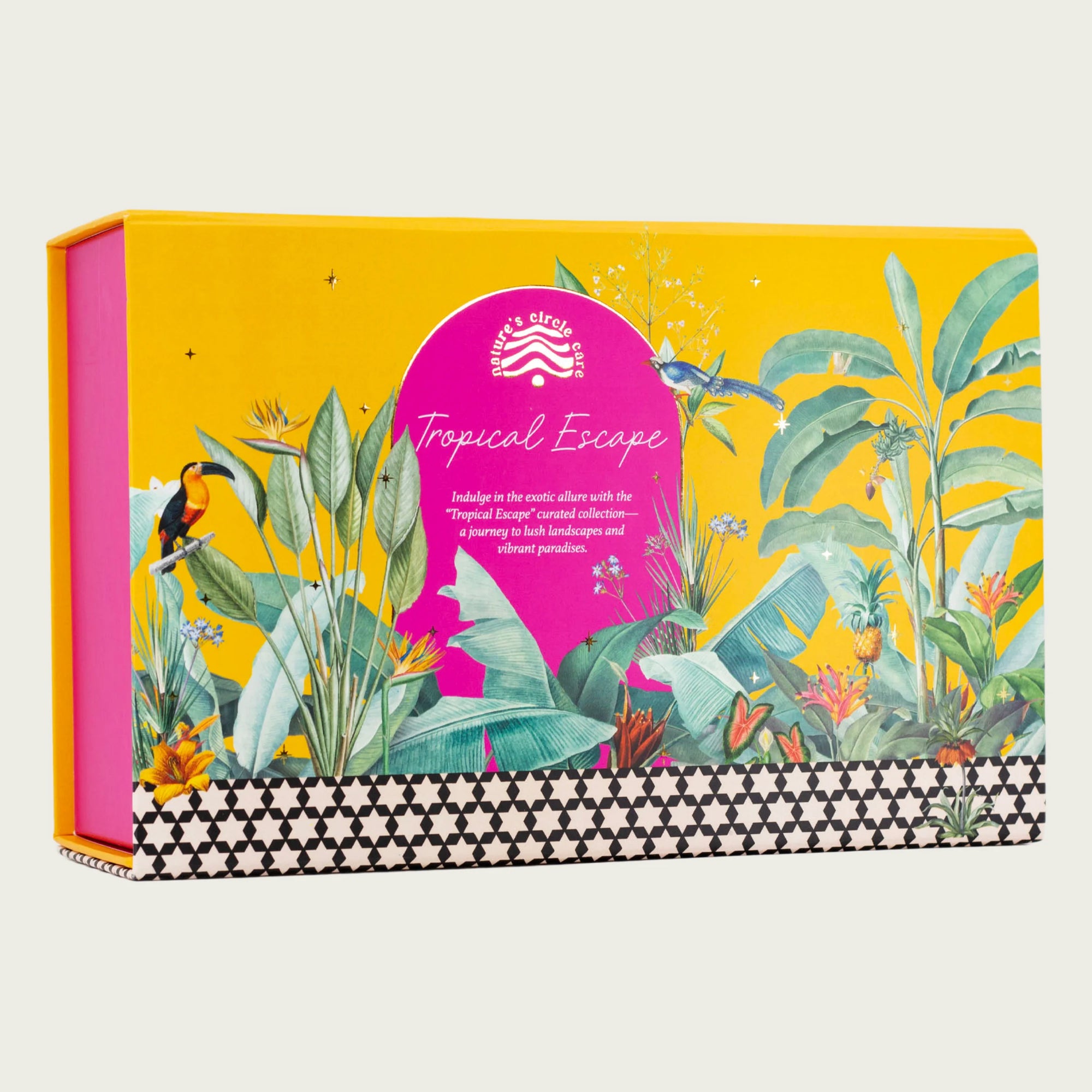 Escape to a tropical paradise with the Tropical Escape box, featuring luxurious skincare products like Marine Revival Soap, Bentonite Harmony Clay Mask, and Twilight Amber Bath Salt offering a sensory journey through vibrant scents and tropical luxury.