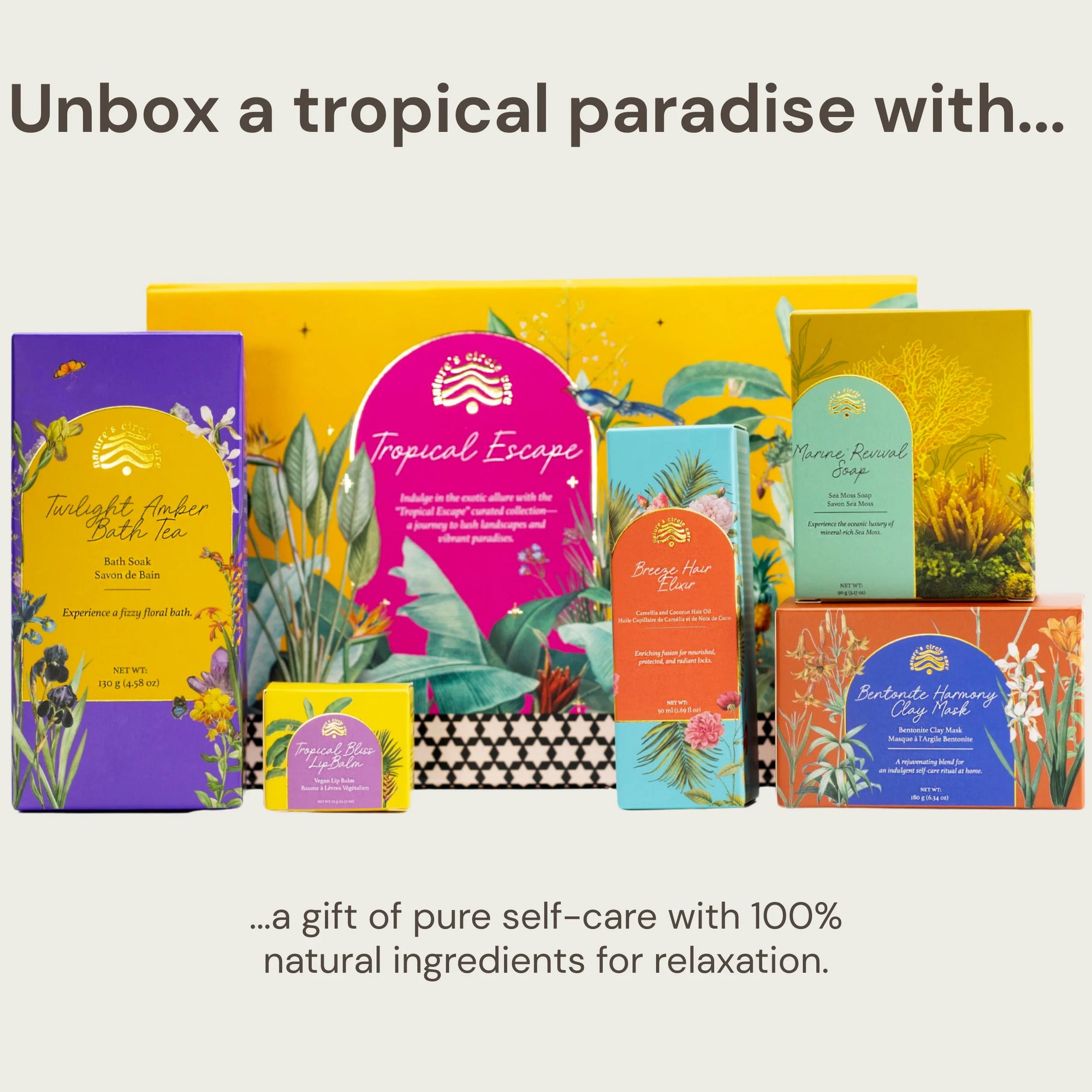 Premium Tropical Escape gift box, a curated collection of luxurious products including Tropical Bliss Lip Balm, Marine Revival Soap, Bentonite Harmony Clay Mask, Twilight Amber Bath Salt, and Breeze Hair Oil, designed to transport you to a lush, exotic oasis of wellness and luxury.