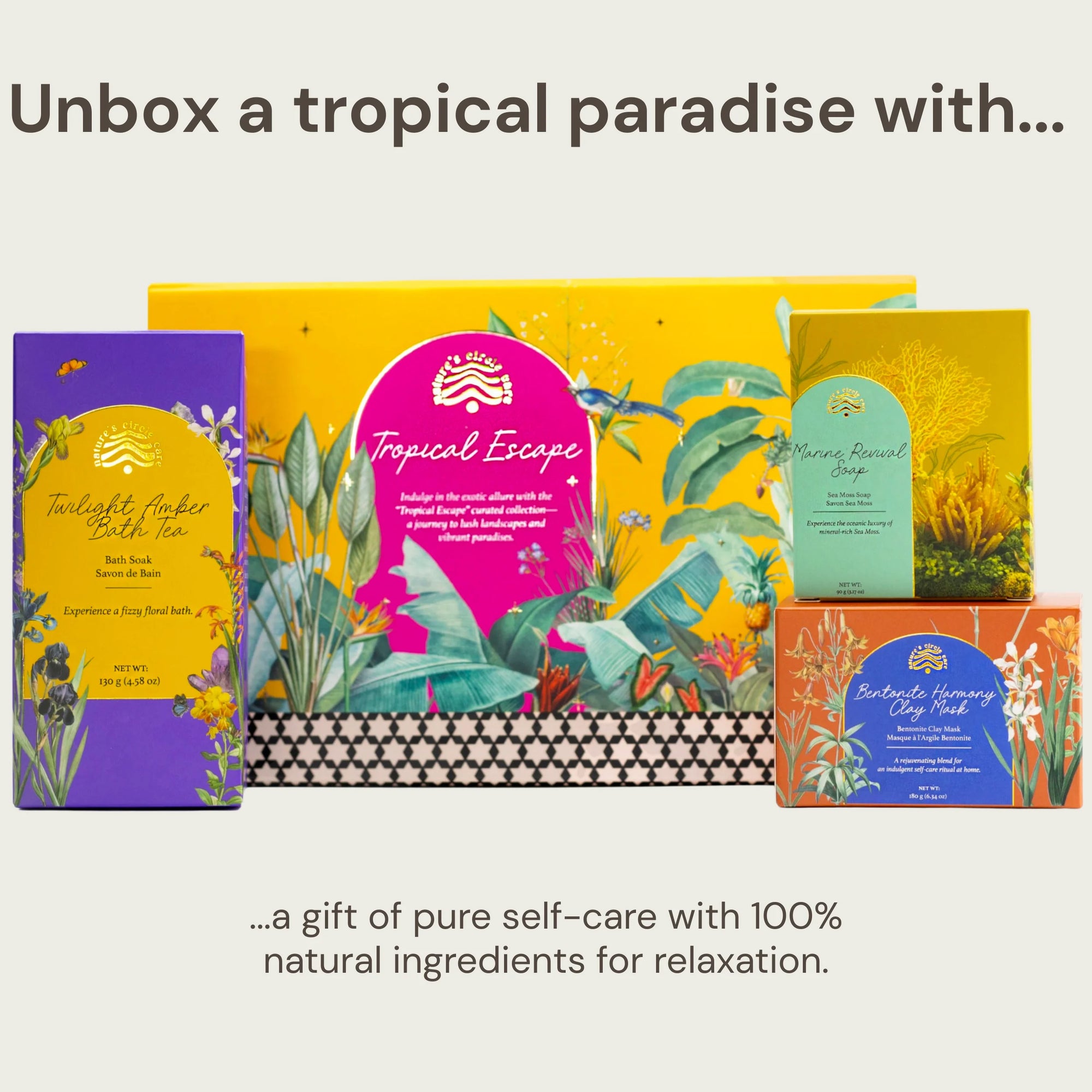 Premium Tropical Escape gift box, a curated collection of luxurious products including Marine Revival Soap, Bentonite Harmony Clay Mask, Twilight Amber Bath Salt designed to transport you to a lush, exotic oasis of wellness and luxury.