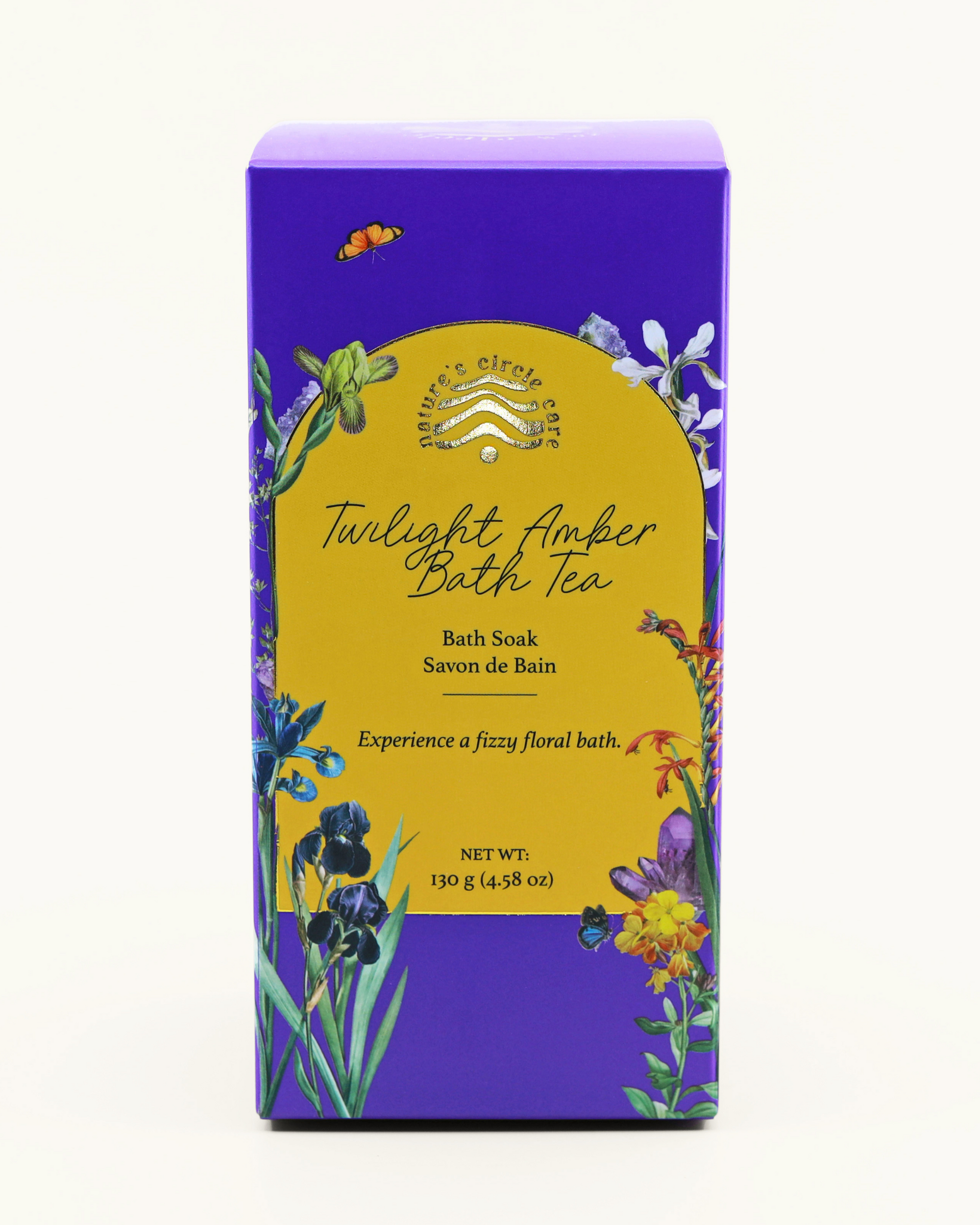 Twilight Amber Bath Tea packaging with floral design on a white background by Nature's Circle Care.
