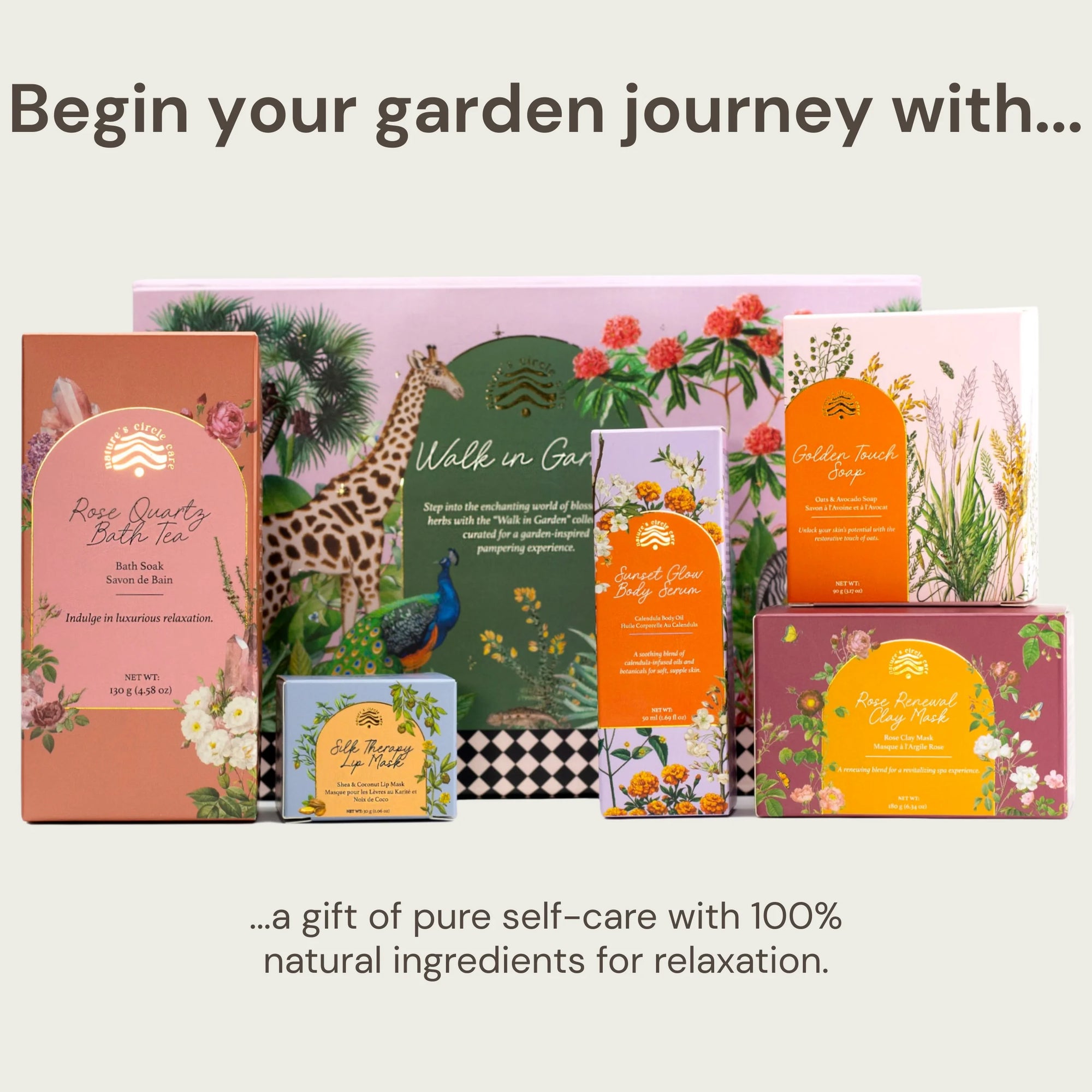 Walk in Garden collection gift box with luxurious natural skincare products including handmade products like Silk Therapy Lip Mask, Golden Touch Soap, Rose Quartz Bath Tea, Sunset Glow Body Oil, and Rose Renewal Clay Mask offering an enchanting garden experience filled with blooming fragrances and botanical elegance.