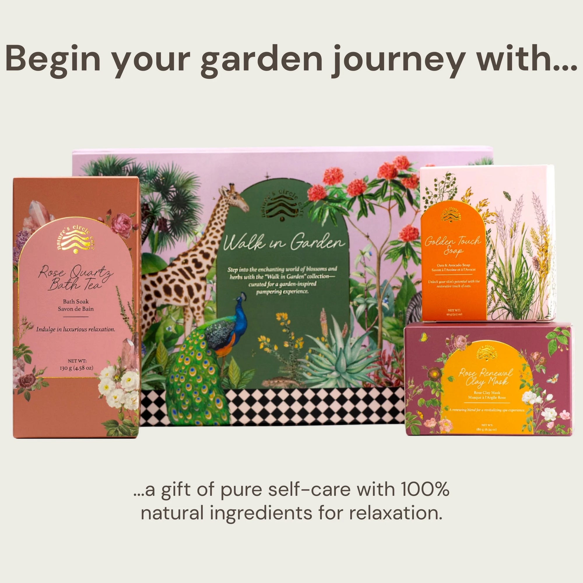 Walk in Garden collection gift box with luxurious natural skincare products including handmade products like Golden Touch Soap, and Rose Renewal Clay Mask offering an enchanting garden experience filled with blooming fragrances and botanical elegance.