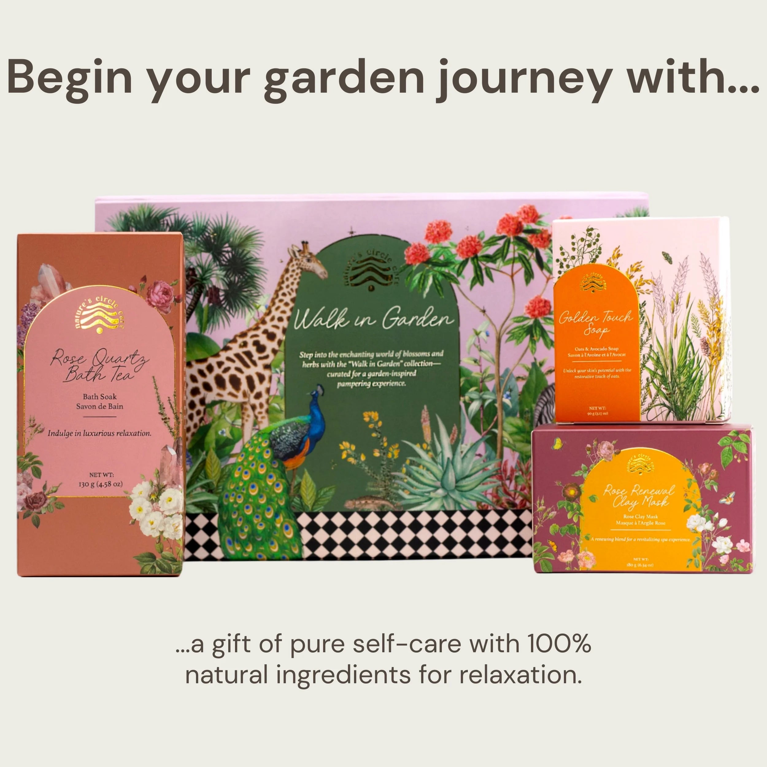 Walk in Garden collection gift box with luxurious natural skincare products including handmade products like Golden Touch Soap, and Rose Renewal Clay Mask offering an enchanting garden experience filled with blooming fragrances and botanical elegance.